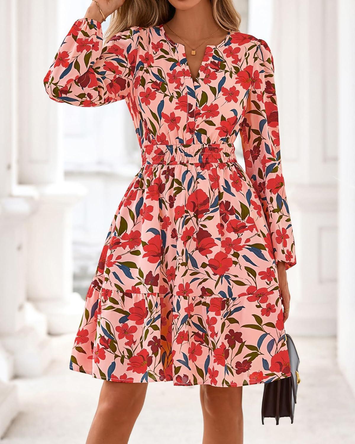 imageBTFBM Fall Dresses for Women 2025 Long Sleeve Elastic Waist Mini Wedding Guest Dress Boho Floral Beach Vacation ClothesOrange Pink Red Flower