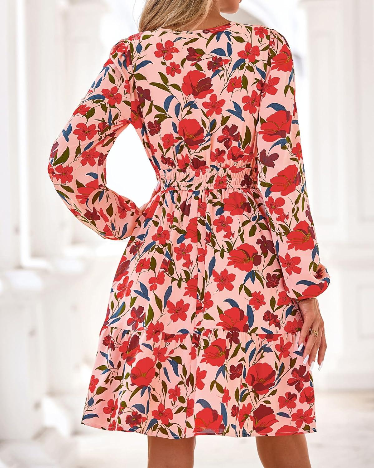 imageBTFBM Fall Dresses for Women 2025 Long Sleeve Elastic Waist Mini Wedding Guest Dress Boho Floral Beach Vacation ClothesOrange Pink Red Flower