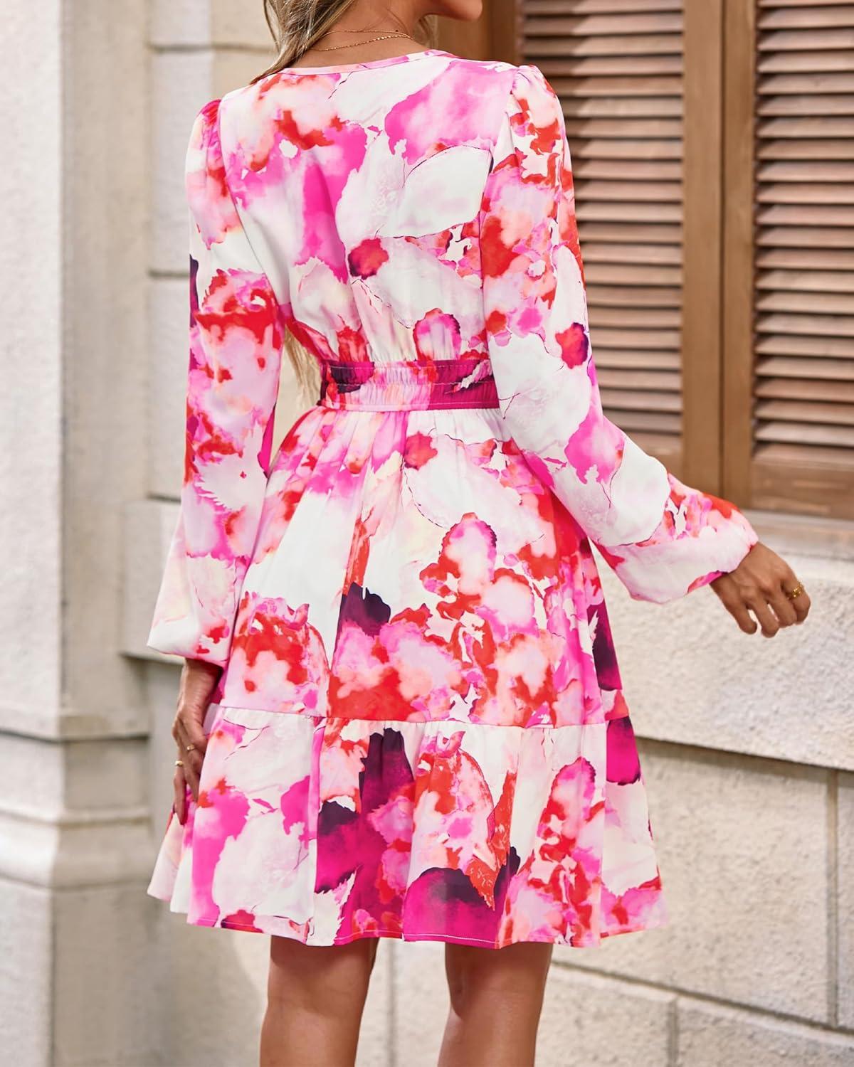 imageBTFBM Fall Dresses for Women 2025 Long Sleeve Elastic Waist Mini Wedding Guest Dress Boho Floral Beach Vacation ClothesRed