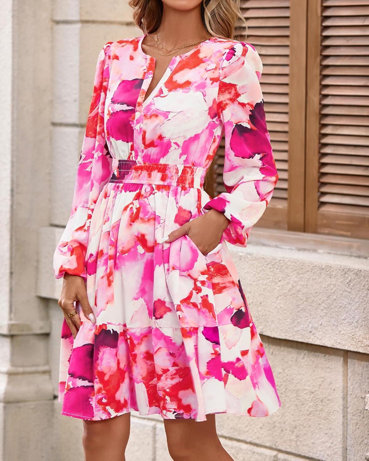 imageBTFBM Fall Dresses for Women 2025 Long Sleeve Elastic Waist Mini Wedding Guest Dress Boho Floral Beach Vacation ClothesRed