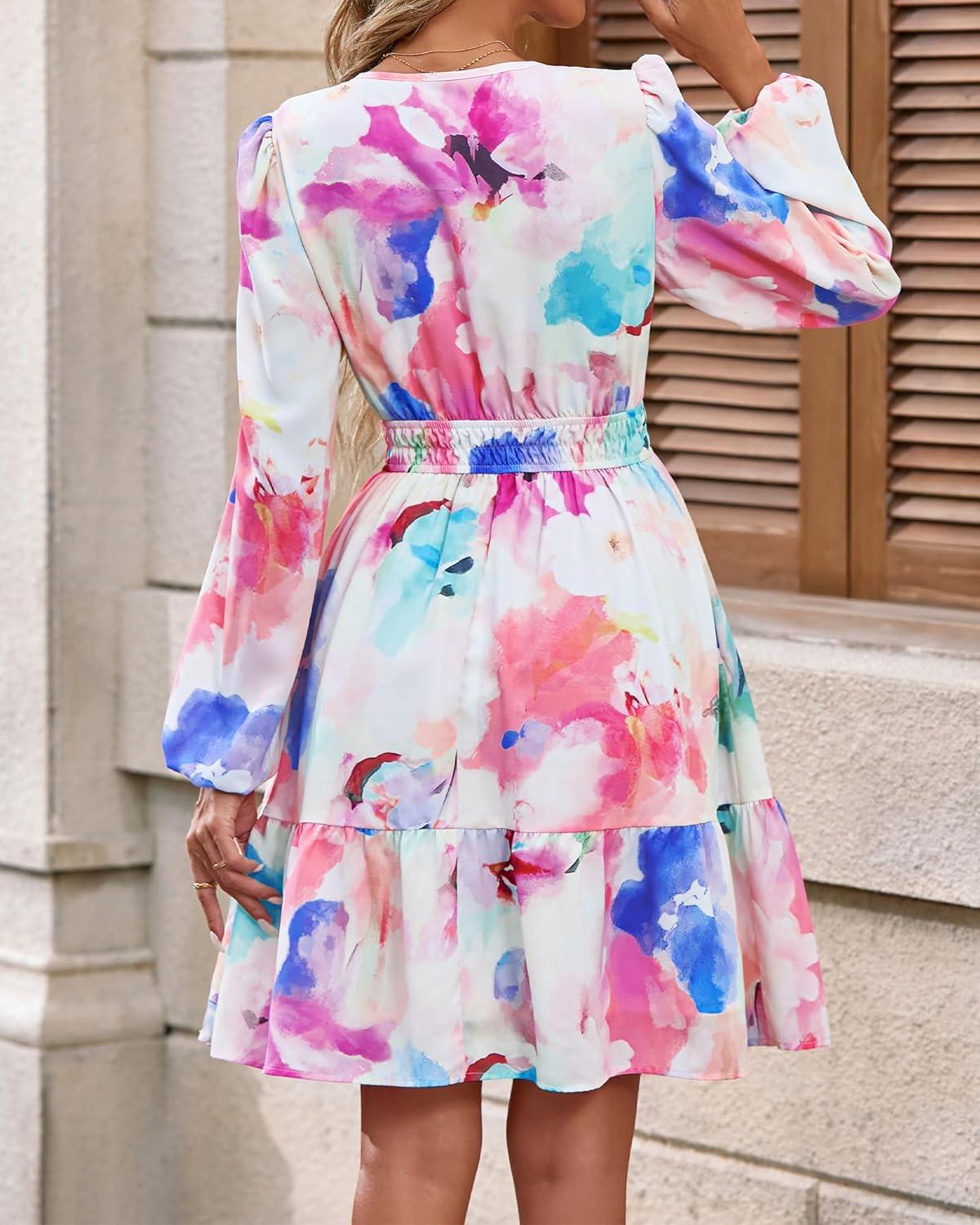 imageBTFBM Fall Dresses for Women 2025 Long Sleeve Elastic Waist Mini Wedding Guest Dress Boho Floral Beach Vacation ClothesWatercolour Pink