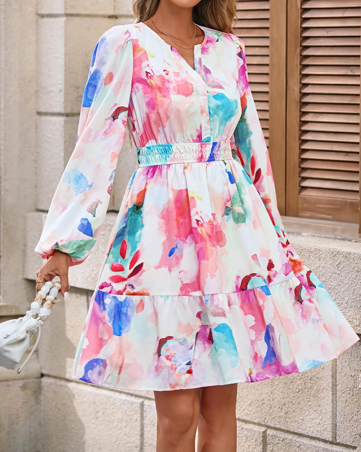 imageBTFBM Fall Dresses for Women 2025 Long Sleeve Elastic Waist Mini Wedding Guest Dress Boho Floral Beach Vacation ClothesWatercolour Pink