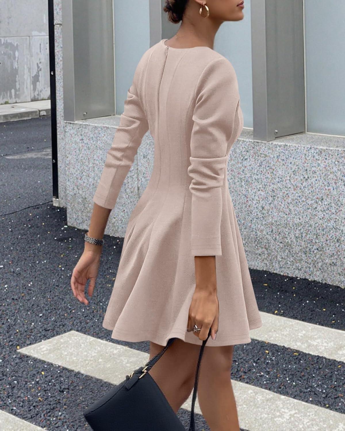 imageBTFBM Fall Dresses for Women 2025 Long Sleeve High Waist Pleated Flowy A Line Party Wedding Guest Dress Business CasualBeige