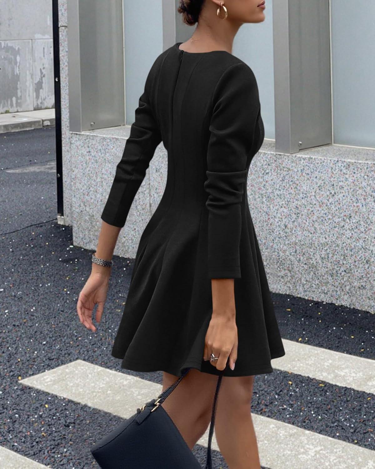 imageBTFBM Fall Dresses for Women 2025 Long Sleeve High Waist Pleated Flowy A Line Party Wedding Guest Dress Business CasualBlack