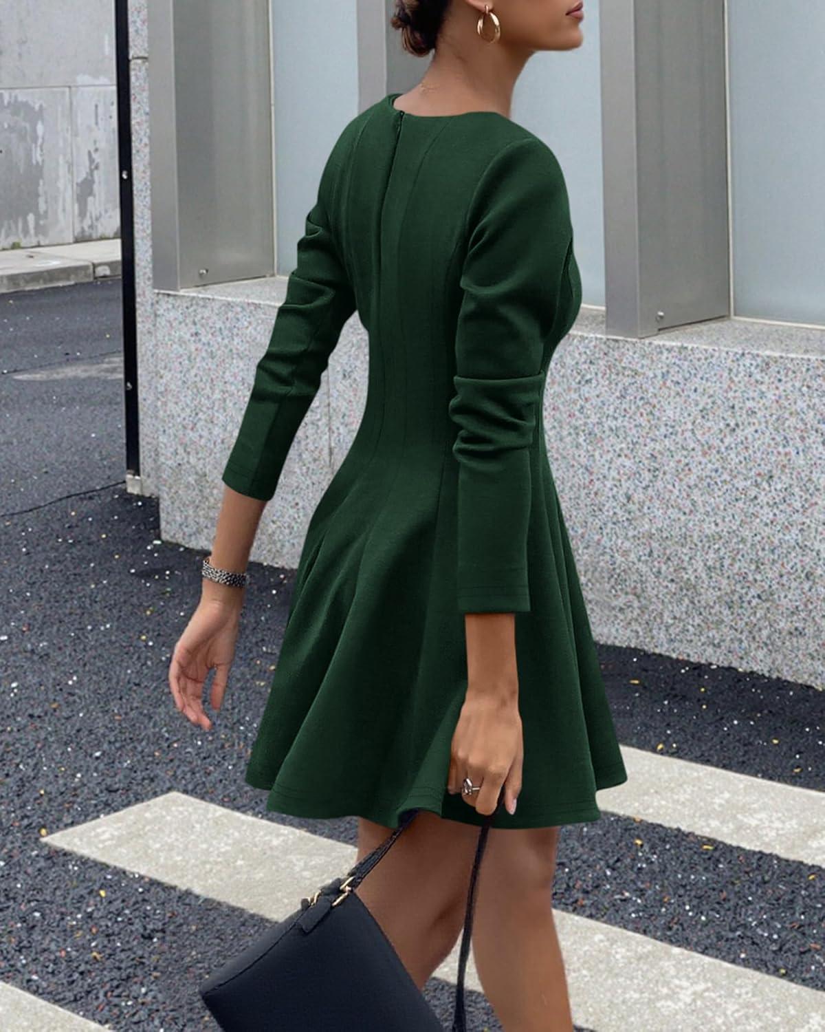 imageBTFBM Fall Dresses for Women 2025 Long Sleeve High Waist Pleated Flowy A Line Party Wedding Guest Dress Business CasualDark Green