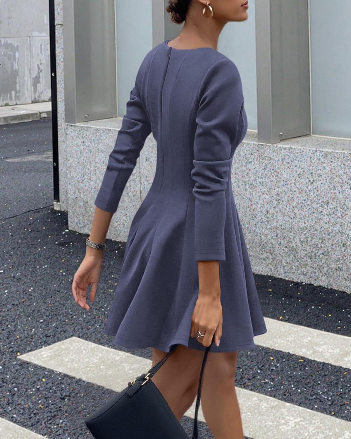 imageBTFBM Fall Dresses for Women 2025 Long Sleeve High Waist Pleated Flowy A Line Party Wedding Guest Dress Business CasualGrey Blue