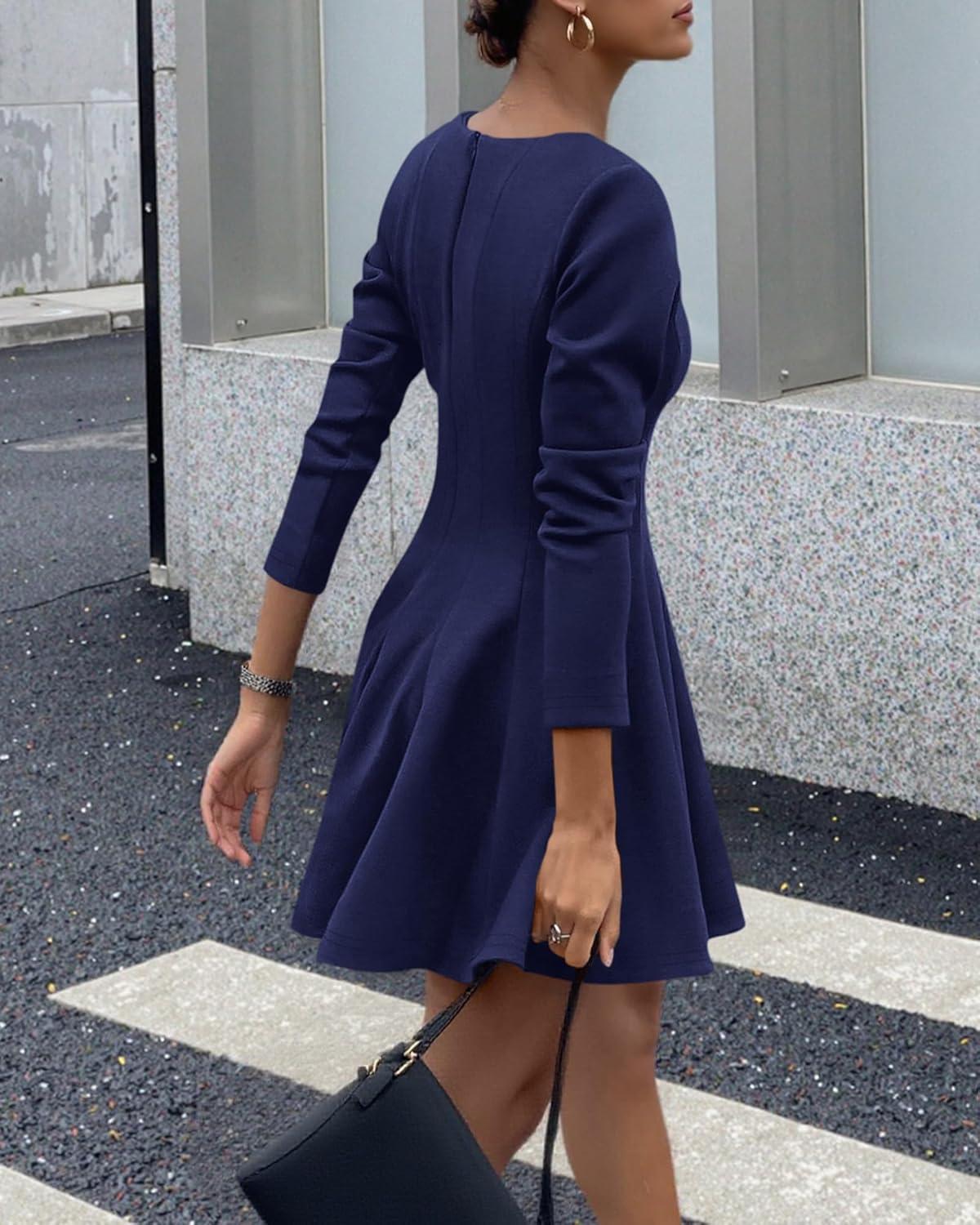 imageBTFBM Fall Dresses for Women 2025 Long Sleeve High Waist Pleated Flowy A Line Party Wedding Guest Dress Business CasualNavy