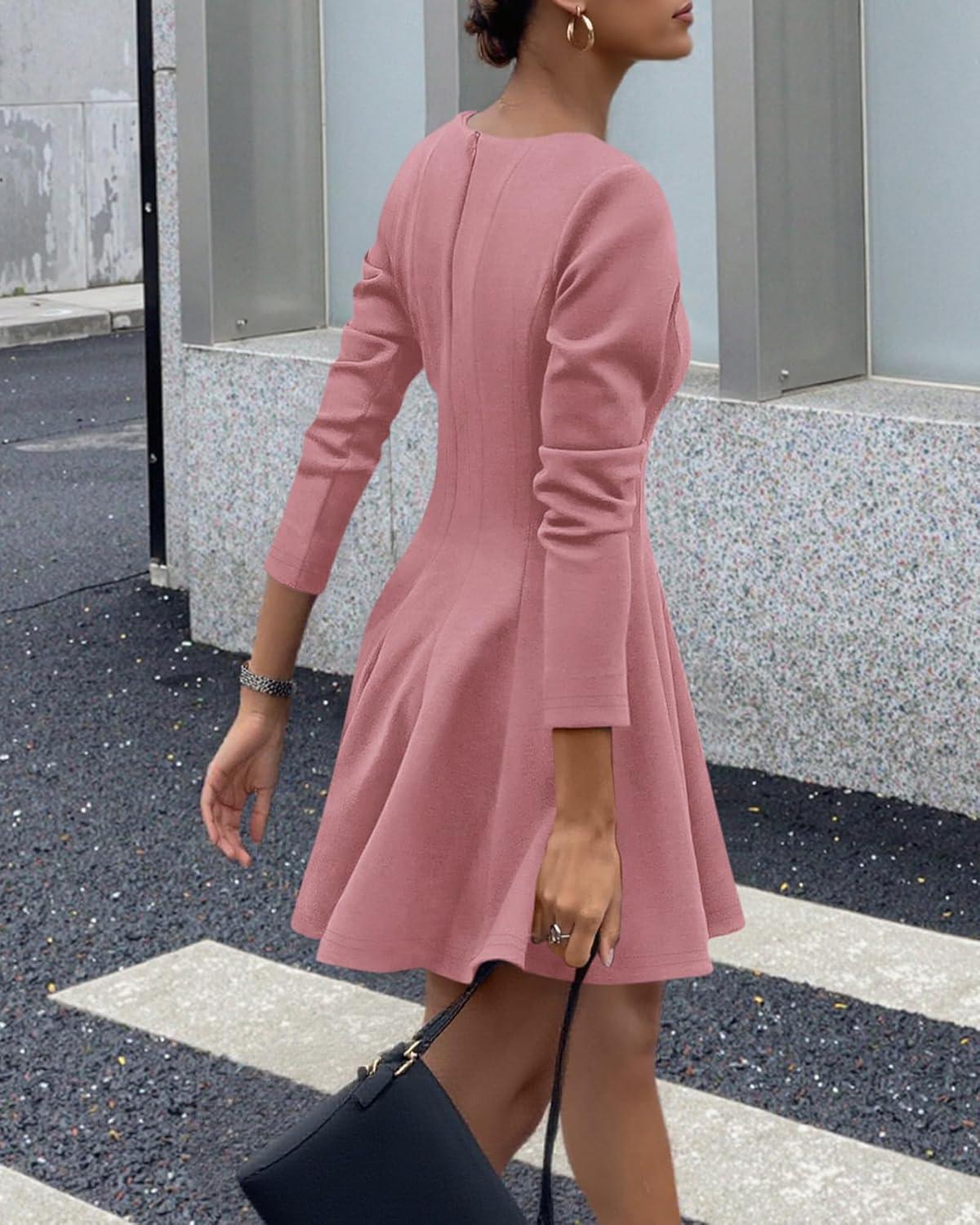 imageBTFBM Fall Dresses for Women 2025 Long Sleeve High Waist Pleated Flowy A Line Party Wedding Guest Dress Business CasualPink