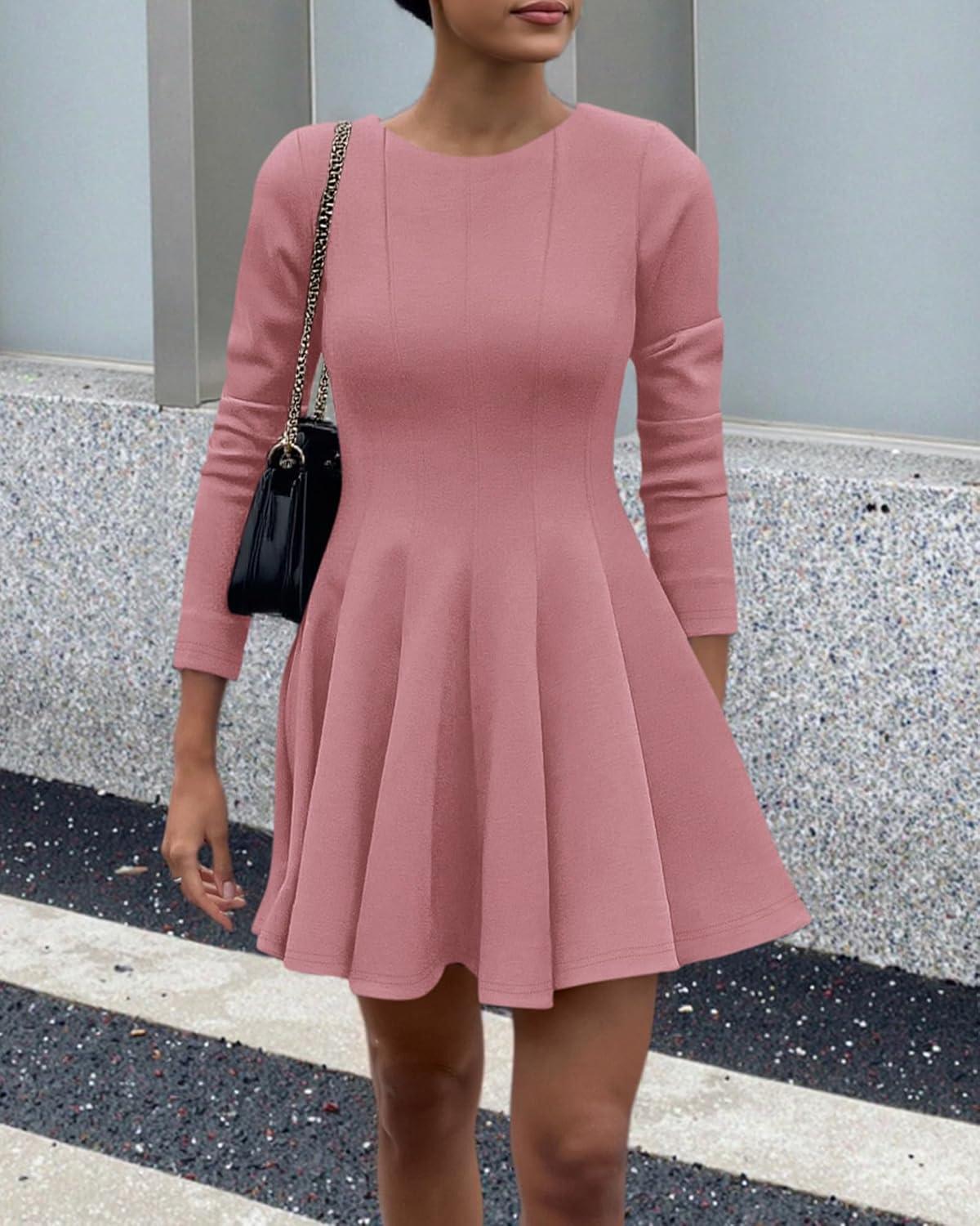 imageBTFBM Fall Dresses for Women 2025 Long Sleeve High Waist Pleated Flowy A Line Party Wedding Guest Dress Business CasualPink