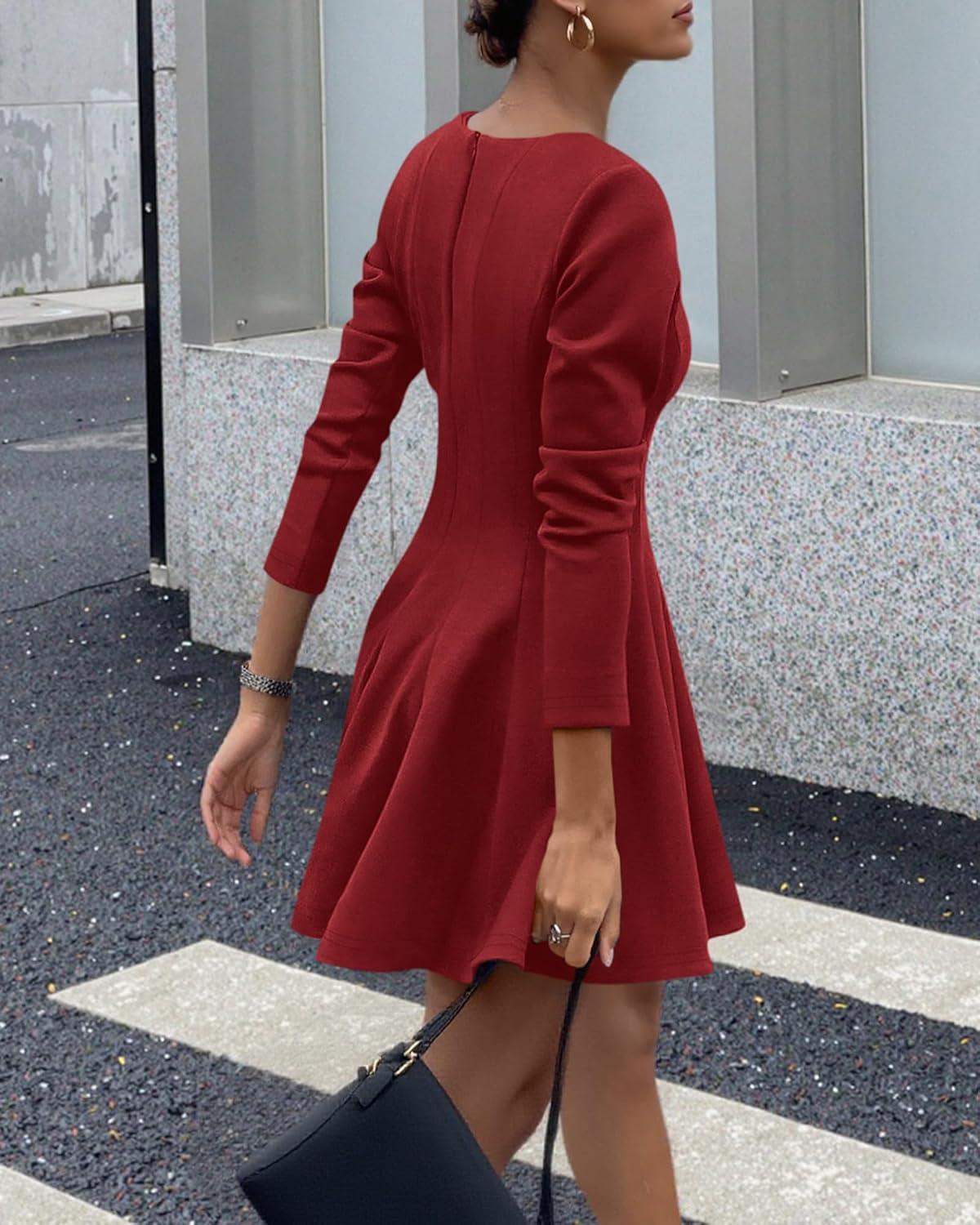 imageBTFBM Fall Dresses for Women 2025 Long Sleeve High Waist Pleated Flowy A Line Party Wedding Guest Dress Business CasualRed