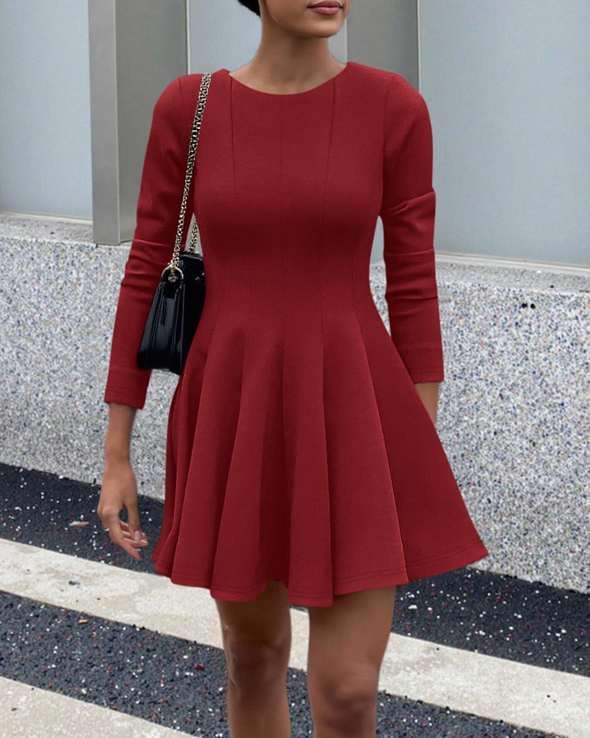 imageBTFBM Fall Dresses for Women 2025 Long Sleeve High Waist Pleated Flowy A Line Party Wedding Guest Dress Business CasualRed