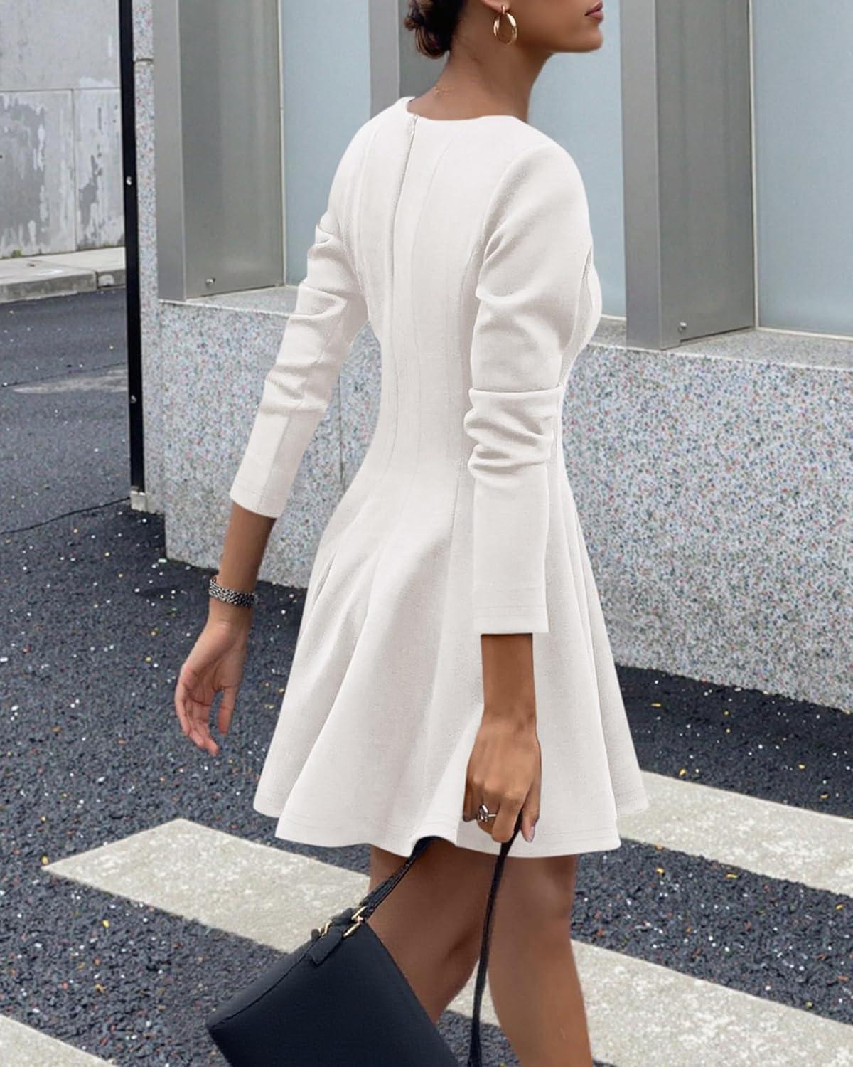 imageBTFBM Fall Dresses for Women 2025 Long Sleeve High Waist Pleated Flowy A Line Party Wedding Guest Dress Business CasualWhite
