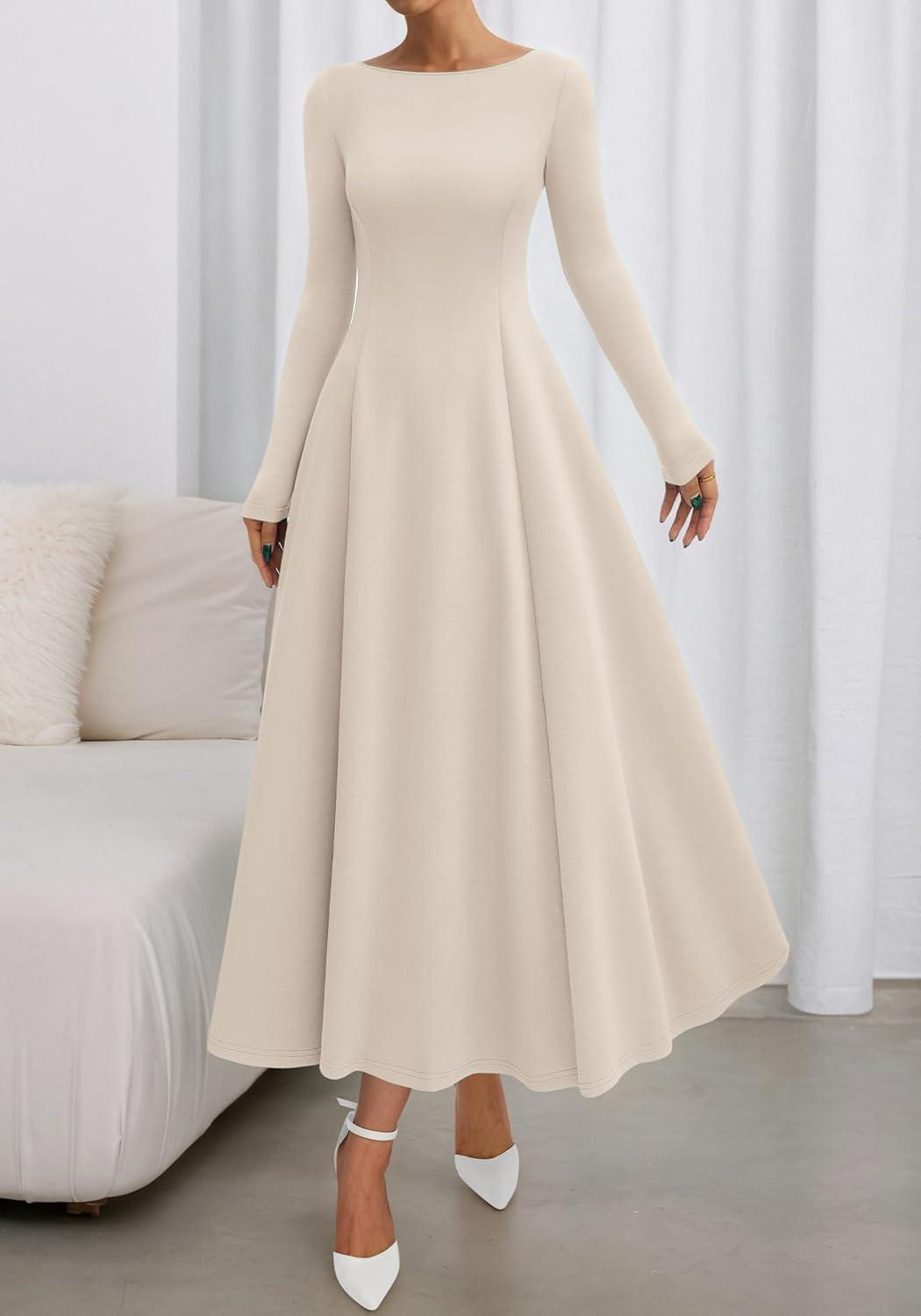 imageBTFBM Fall Dresses for Women 2025 Trendy Boat Neck Long Sleeve A Line Flowy Knit Loose Casual Elegant Party Maxi DressBeige