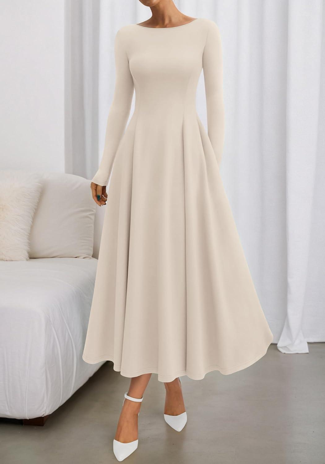 imageBTFBM Fall Dresses for Women 2025 Trendy Boat Neck Long Sleeve A Line Flowy Knit Loose Casual Elegant Party Maxi DressBeige