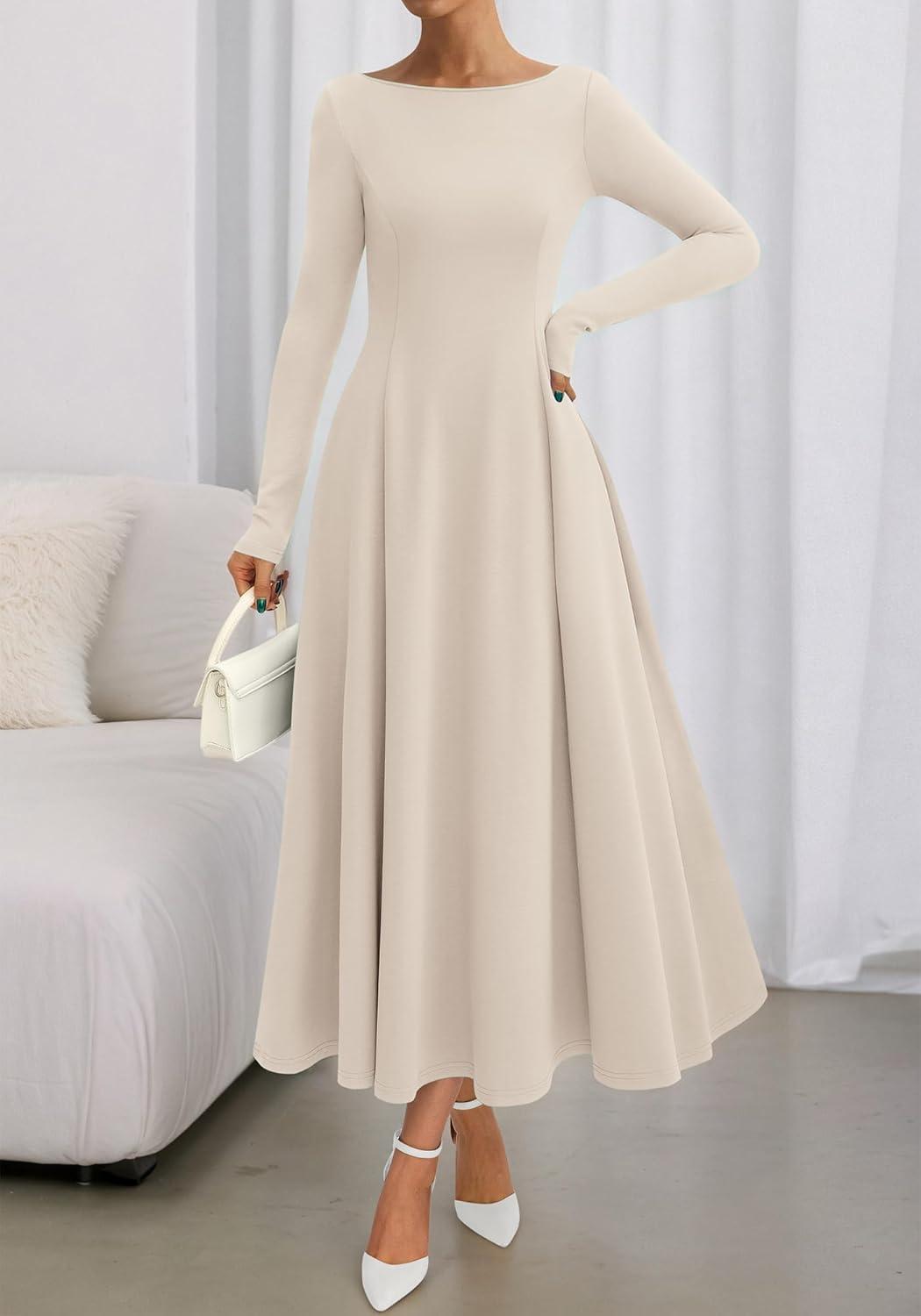 imageBTFBM Fall Dresses for Women 2025 Trendy Boat Neck Long Sleeve A Line Flowy Knit Loose Casual Elegant Party Maxi DressBeige