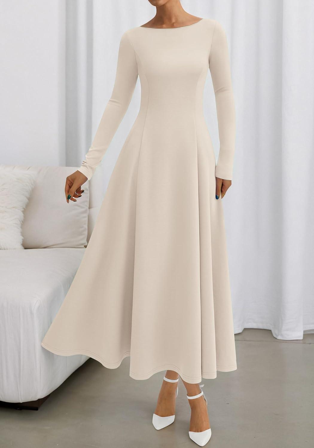 imageBTFBM Fall Dresses for Women 2025 Trendy Boat Neck Long Sleeve A Line Flowy Knit Loose Casual Elegant Party Maxi DressBeige
