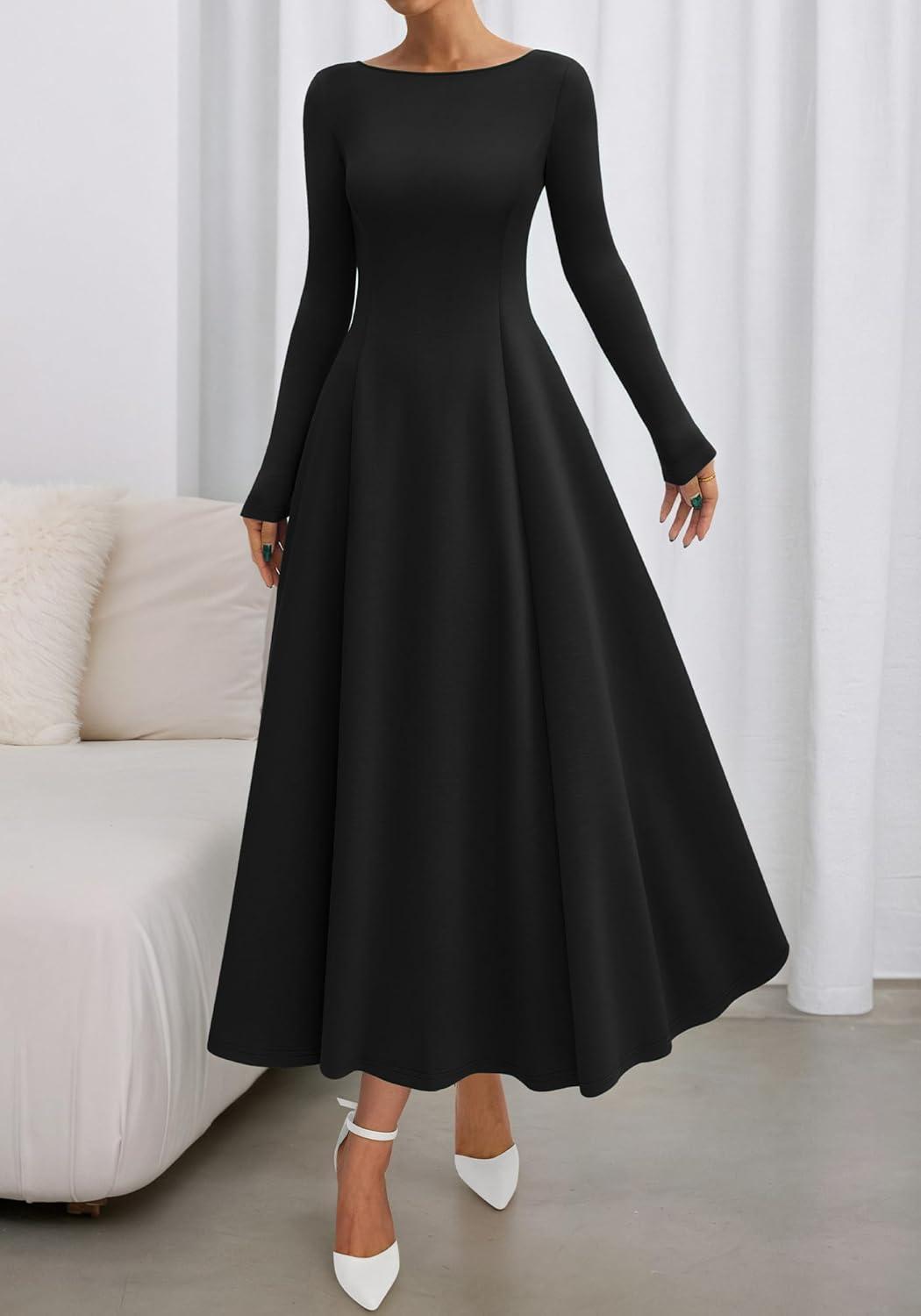 imageBTFBM Fall Dresses for Women 2025 Trendy Boat Neck Long Sleeve A Line Flowy Knit Loose Casual Elegant Party Maxi DressBlack