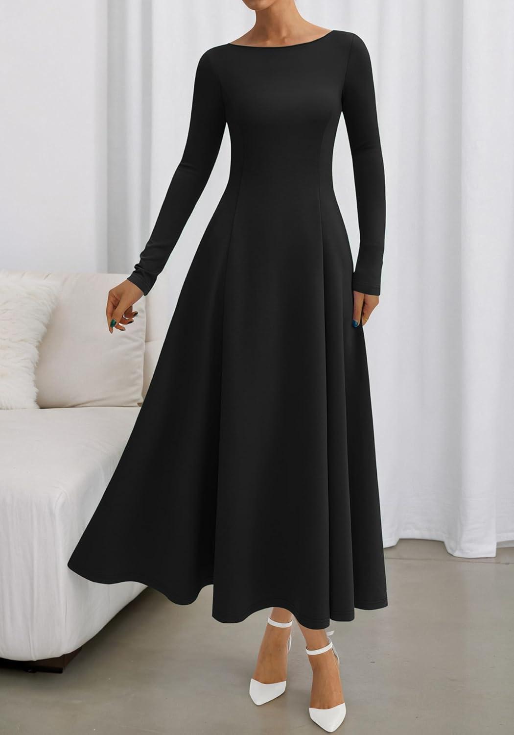 imageBTFBM Fall Dresses for Women 2025 Trendy Boat Neck Long Sleeve A Line Flowy Knit Loose Casual Elegant Party Maxi DressBlack