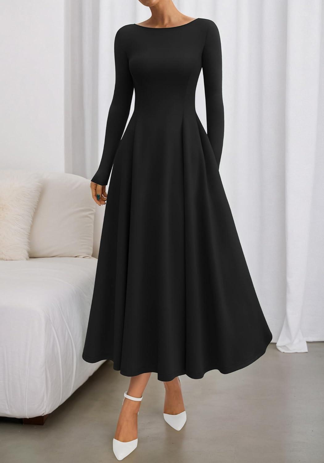 imageBTFBM Fall Dresses for Women 2025 Trendy Boat Neck Long Sleeve A Line Flowy Knit Loose Casual Elegant Party Maxi DressBlack