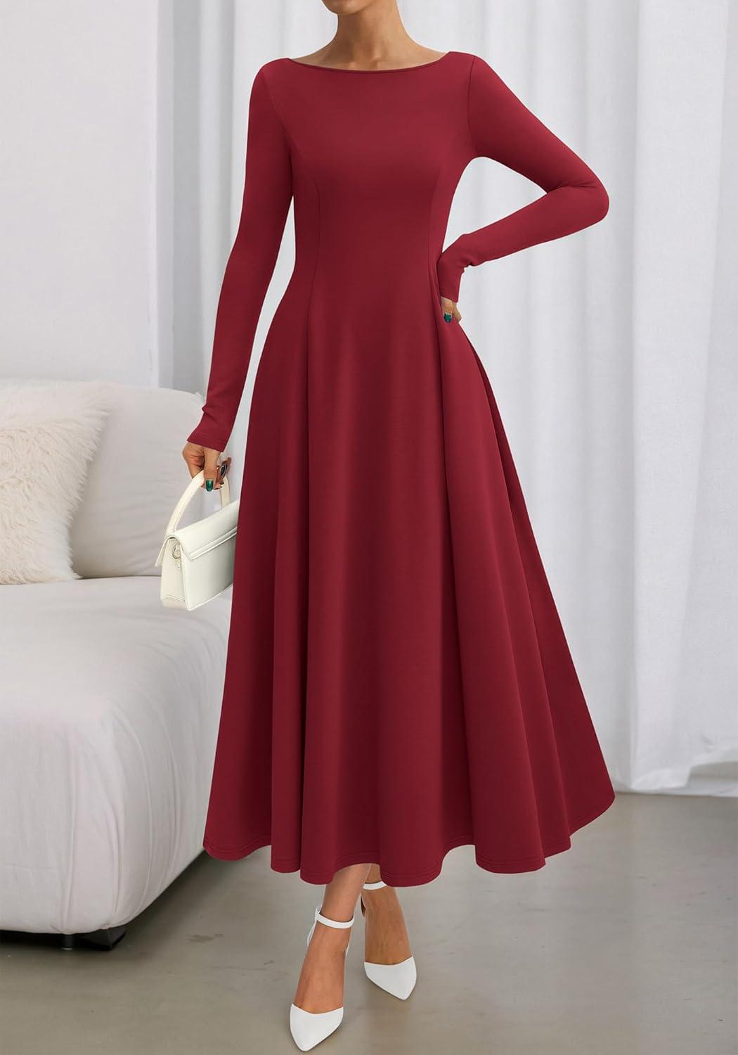 imageBTFBM Fall Dresses for Women 2025 Trendy Boat Neck Long Sleeve A Line Flowy Knit Loose Casual Elegant Party Maxi DressBurgundy