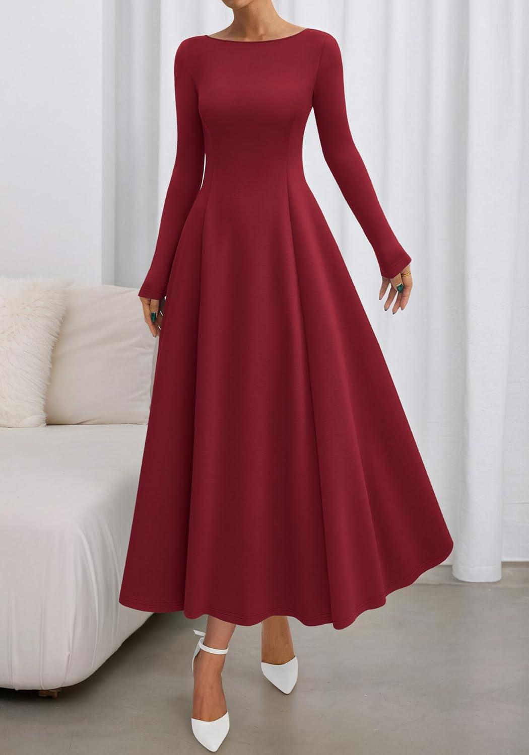 imageBTFBM Fall Dresses for Women 2025 Trendy Boat Neck Long Sleeve A Line Flowy Knit Loose Casual Elegant Party Maxi DressBurgundy