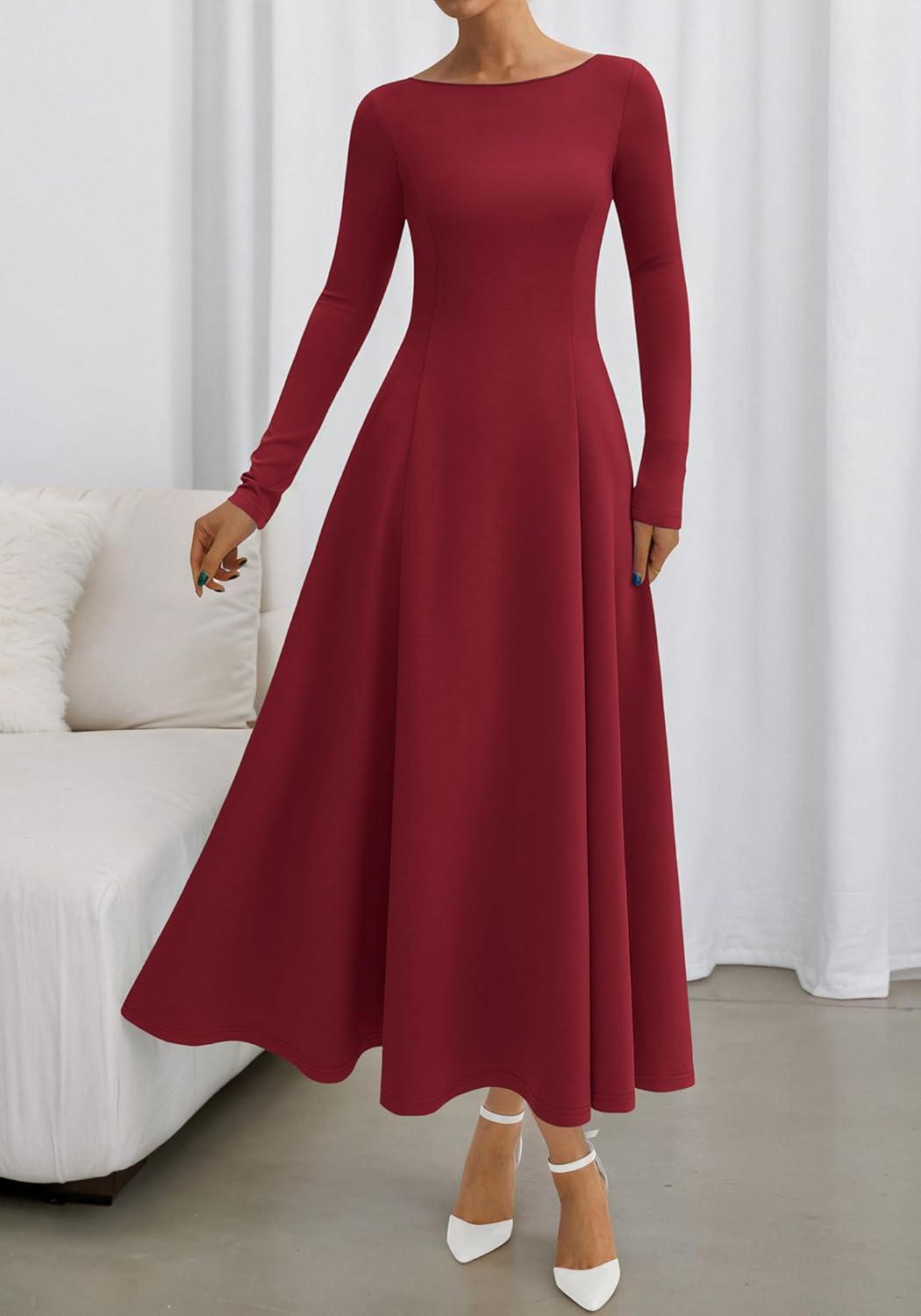 imageBTFBM Fall Dresses for Women 2025 Trendy Boat Neck Long Sleeve A Line Flowy Knit Loose Casual Elegant Party Maxi DressBurgundy