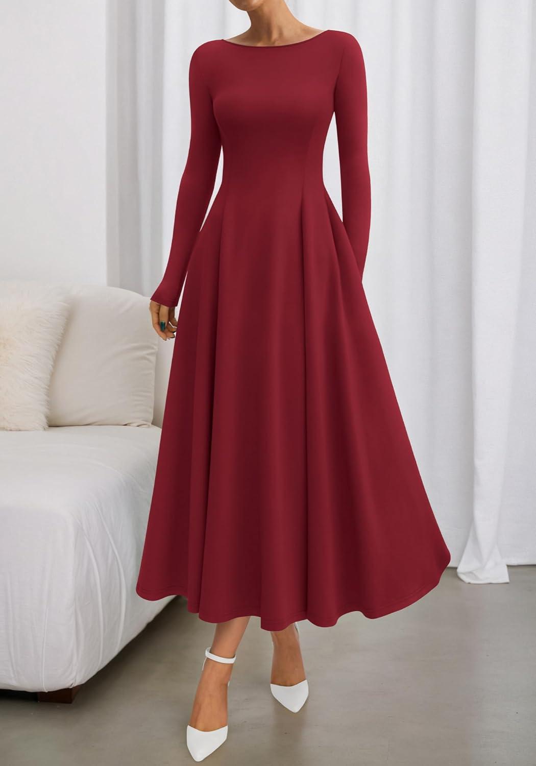 imageBTFBM Fall Dresses for Women 2025 Trendy Boat Neck Long Sleeve A Line Flowy Knit Loose Casual Elegant Party Maxi DressBurgundy