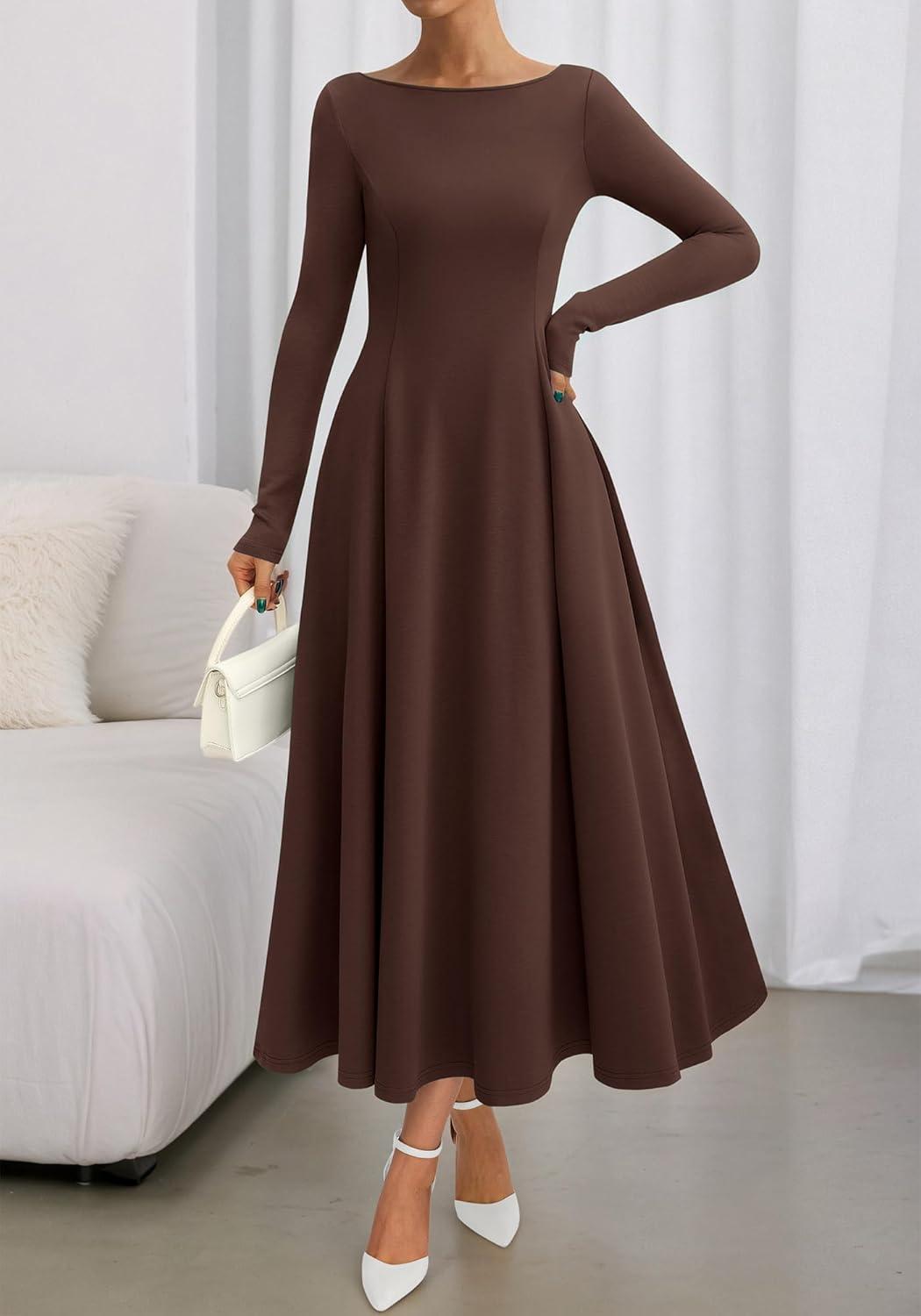 imageBTFBM Fall Dresses for Women 2025 Trendy Boat Neck Long Sleeve A Line Flowy Knit Loose Casual Elegant Party Maxi DressDark Brown