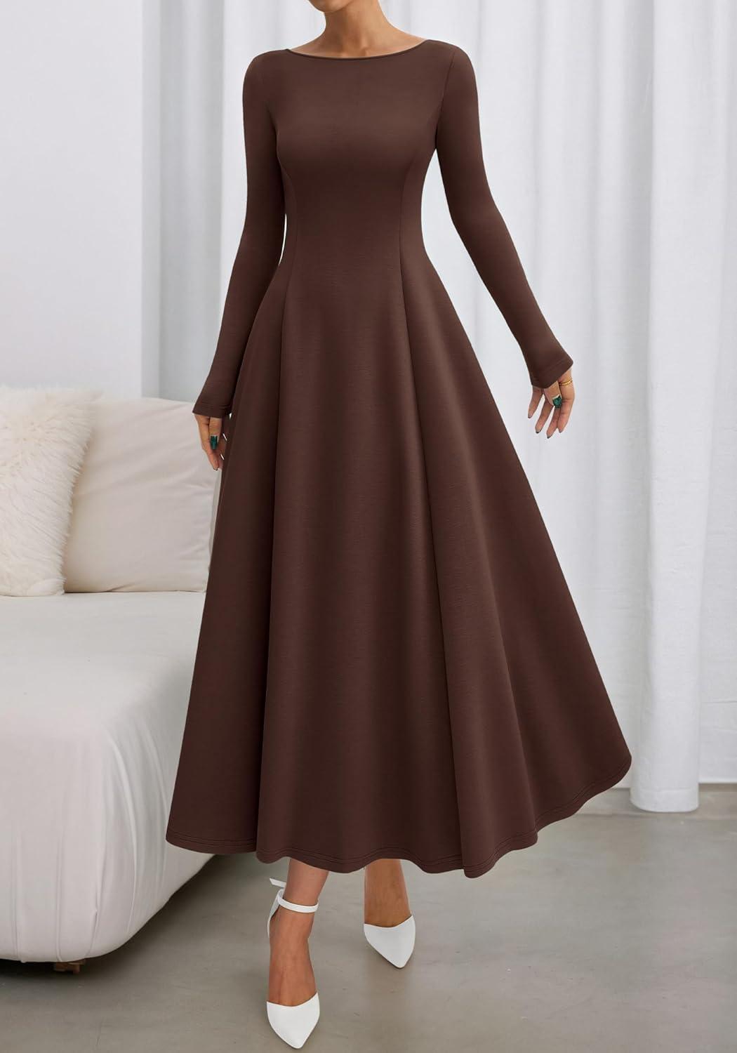 imageBTFBM Fall Dresses for Women 2025 Trendy Boat Neck Long Sleeve A Line Flowy Knit Loose Casual Elegant Party Maxi DressDark Brown