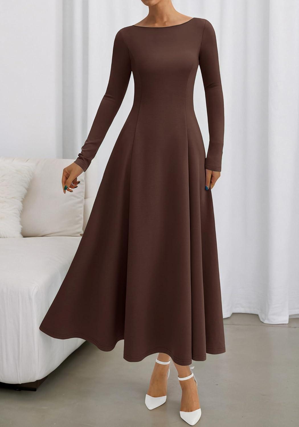 imageBTFBM Fall Dresses for Women 2025 Trendy Boat Neck Long Sleeve A Line Flowy Knit Loose Casual Elegant Party Maxi DressDark Brown