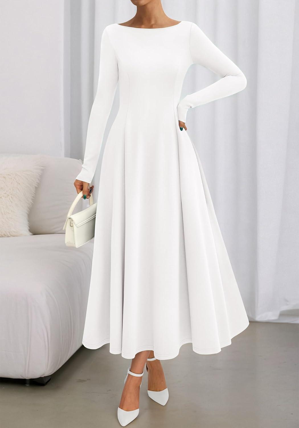 imageBTFBM Fall Dresses for Women 2025 Trendy Boat Neck Long Sleeve A Line Flowy Knit Loose Casual Elegant Party Maxi DressWhite