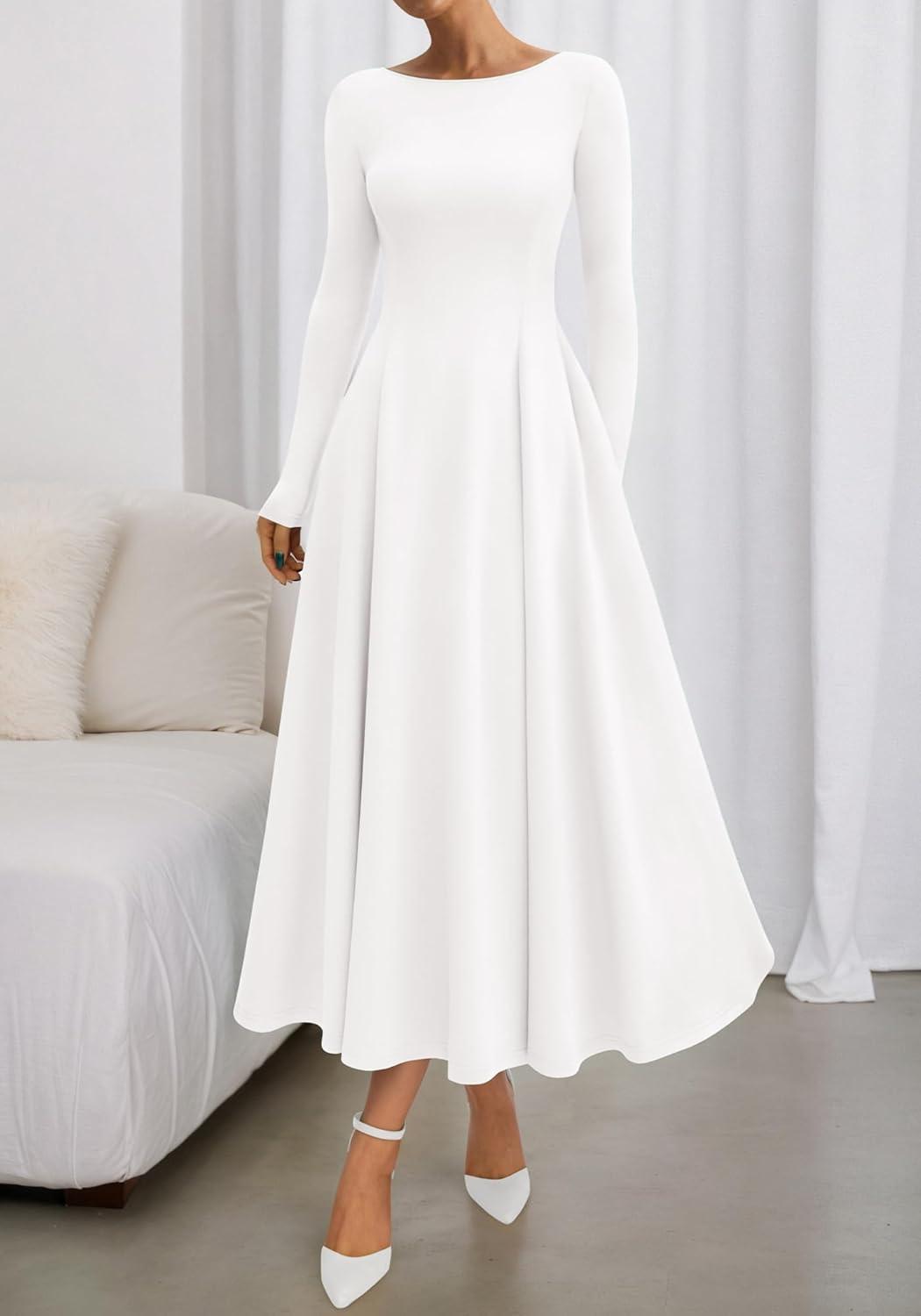 imageBTFBM Fall Dresses for Women 2025 Trendy Boat Neck Long Sleeve A Line Flowy Knit Loose Casual Elegant Party Maxi DressWhite