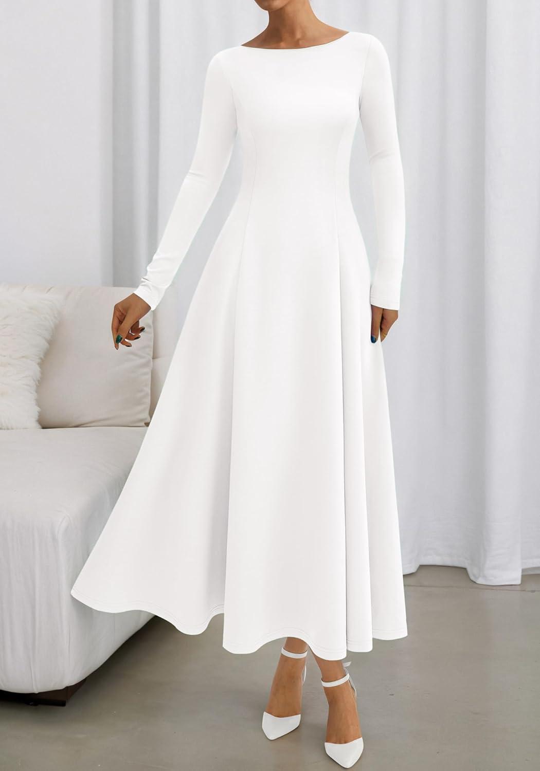 imageBTFBM Fall Dresses for Women 2025 Trendy Boat Neck Long Sleeve A Line Flowy Knit Loose Casual Elegant Party Maxi DressWhite