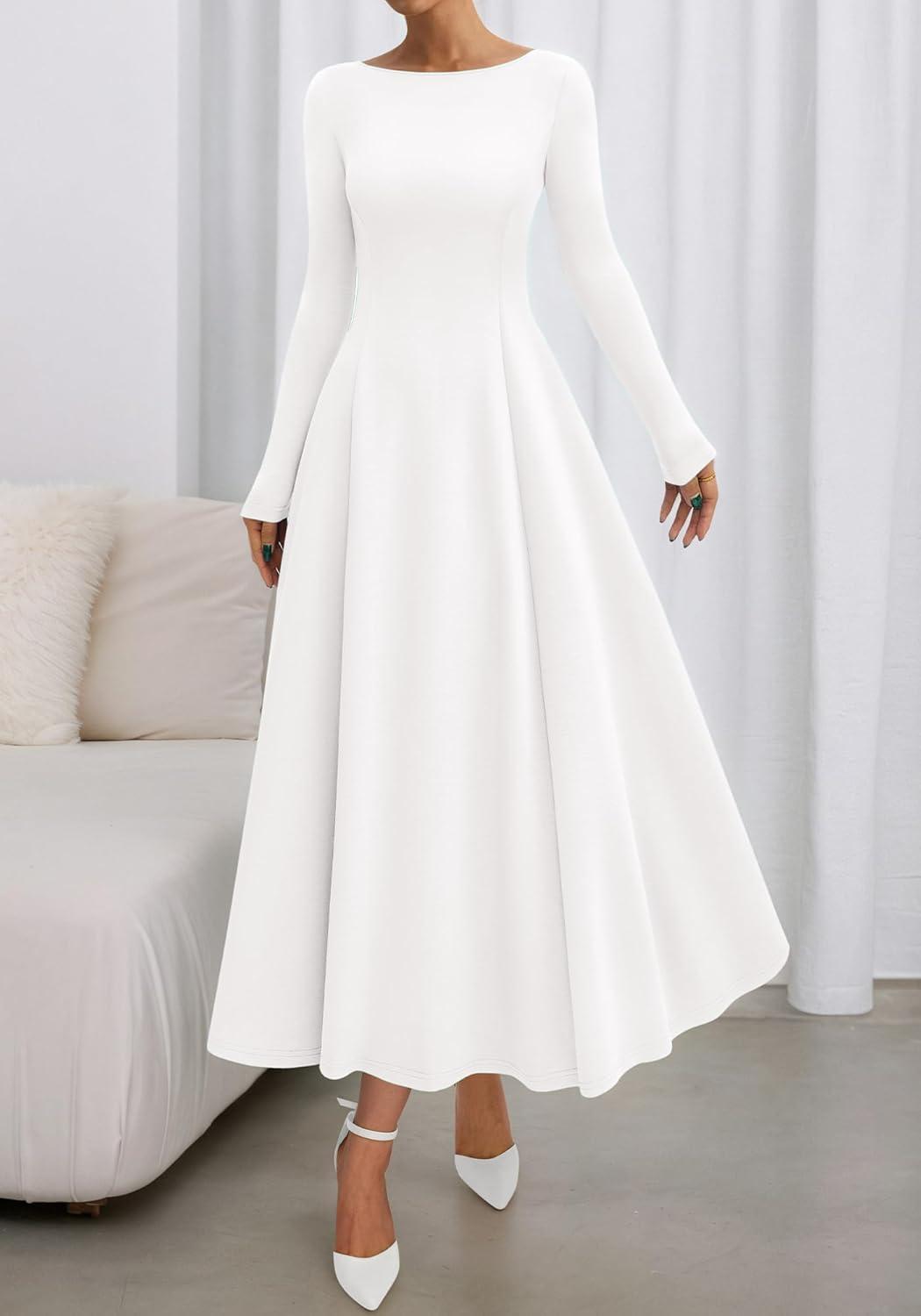 imageBTFBM Fall Dresses for Women 2025 Trendy Boat Neck Long Sleeve A Line Flowy Knit Loose Casual Elegant Party Maxi DressWhite
