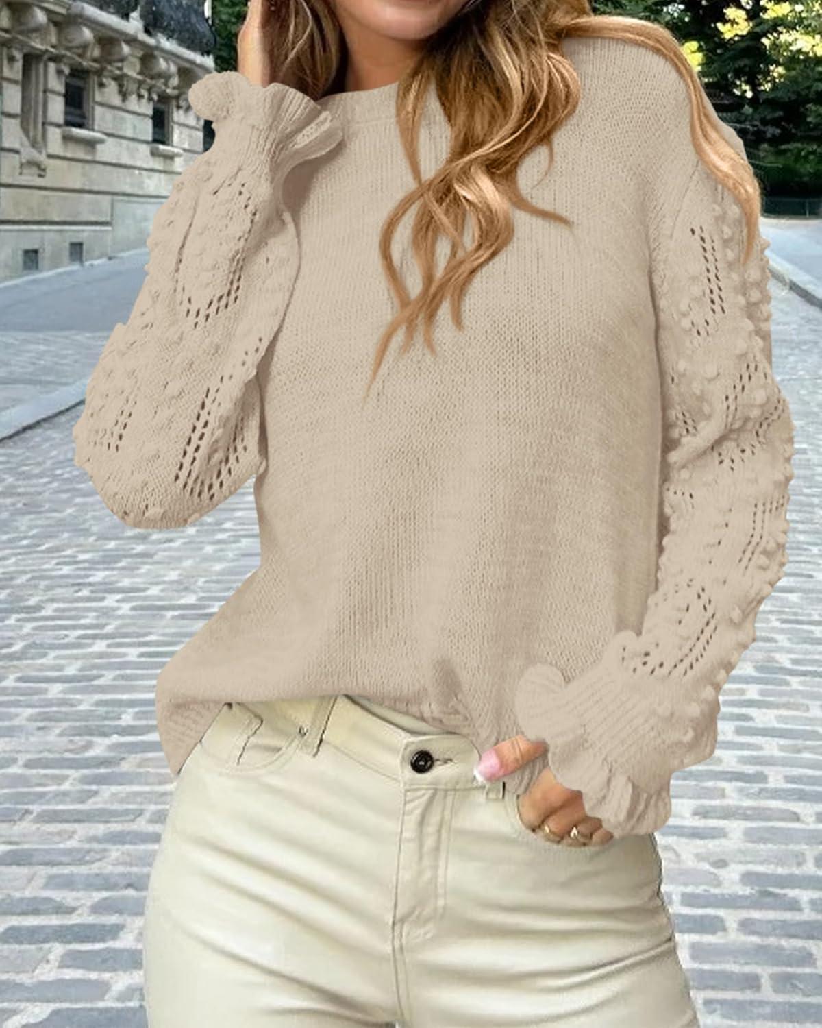 imageBTFBM Fall Sweaters for Women 2025 Crew Neck Long Sleeve Hollow Out Swiss Dot Knit Casual Pullover Tops Fashion ClothingApricot