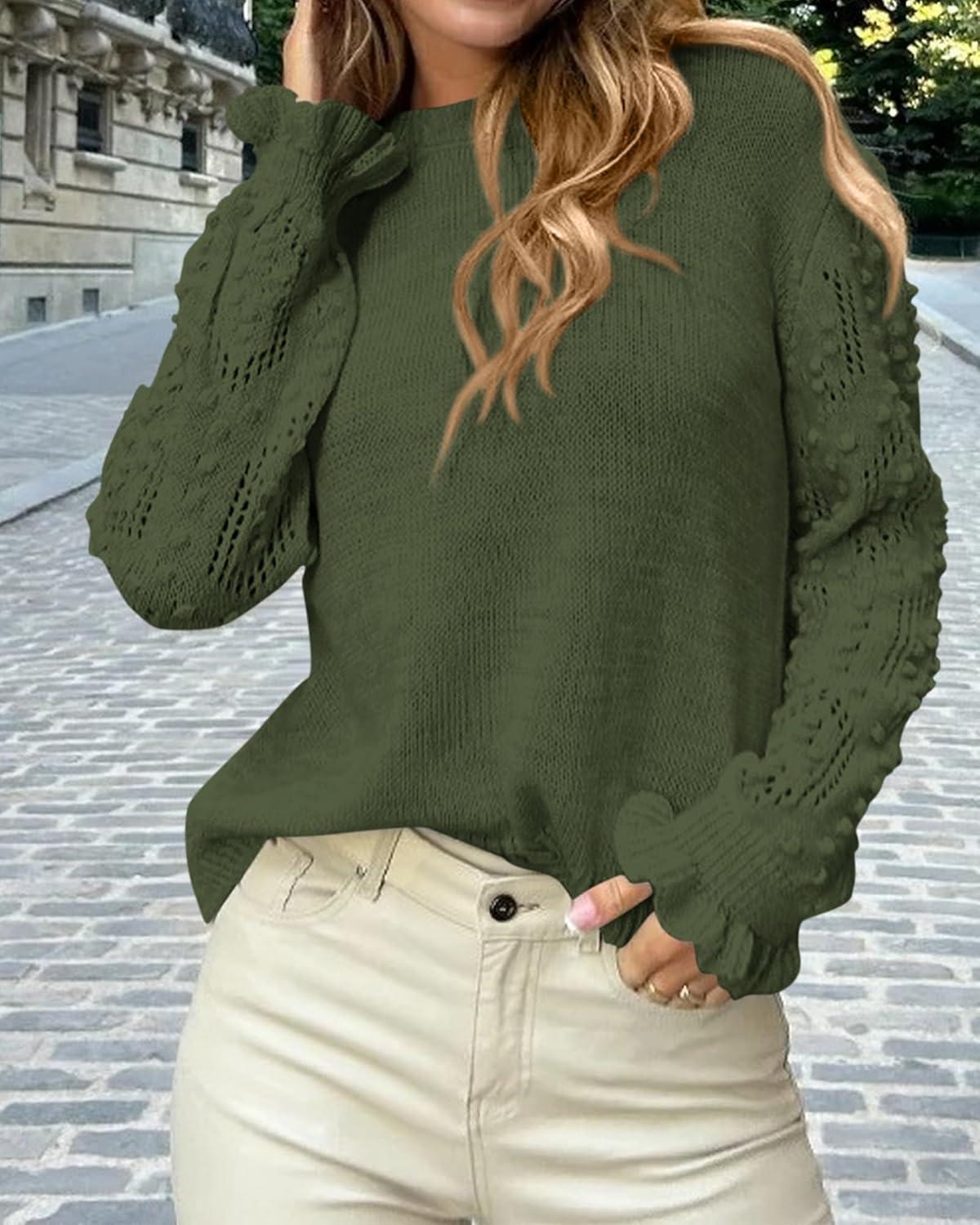 imageBTFBM Fall Sweaters for Women 2025 Crew Neck Long Sleeve Hollow Out Swiss Dot Knit Casual Pullover Tops Fashion ClothingArmy Green