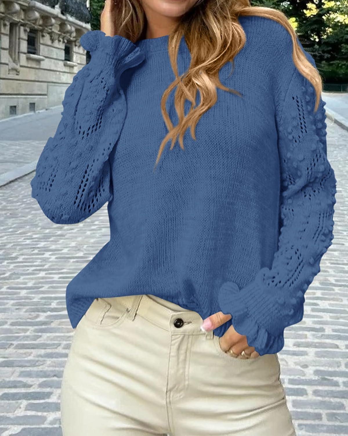 imageBTFBM Fall Sweaters for Women 2025 Crew Neck Long Sleeve Hollow Out Swiss Dot Knit Casual Pullover Tops Fashion ClothingBlue