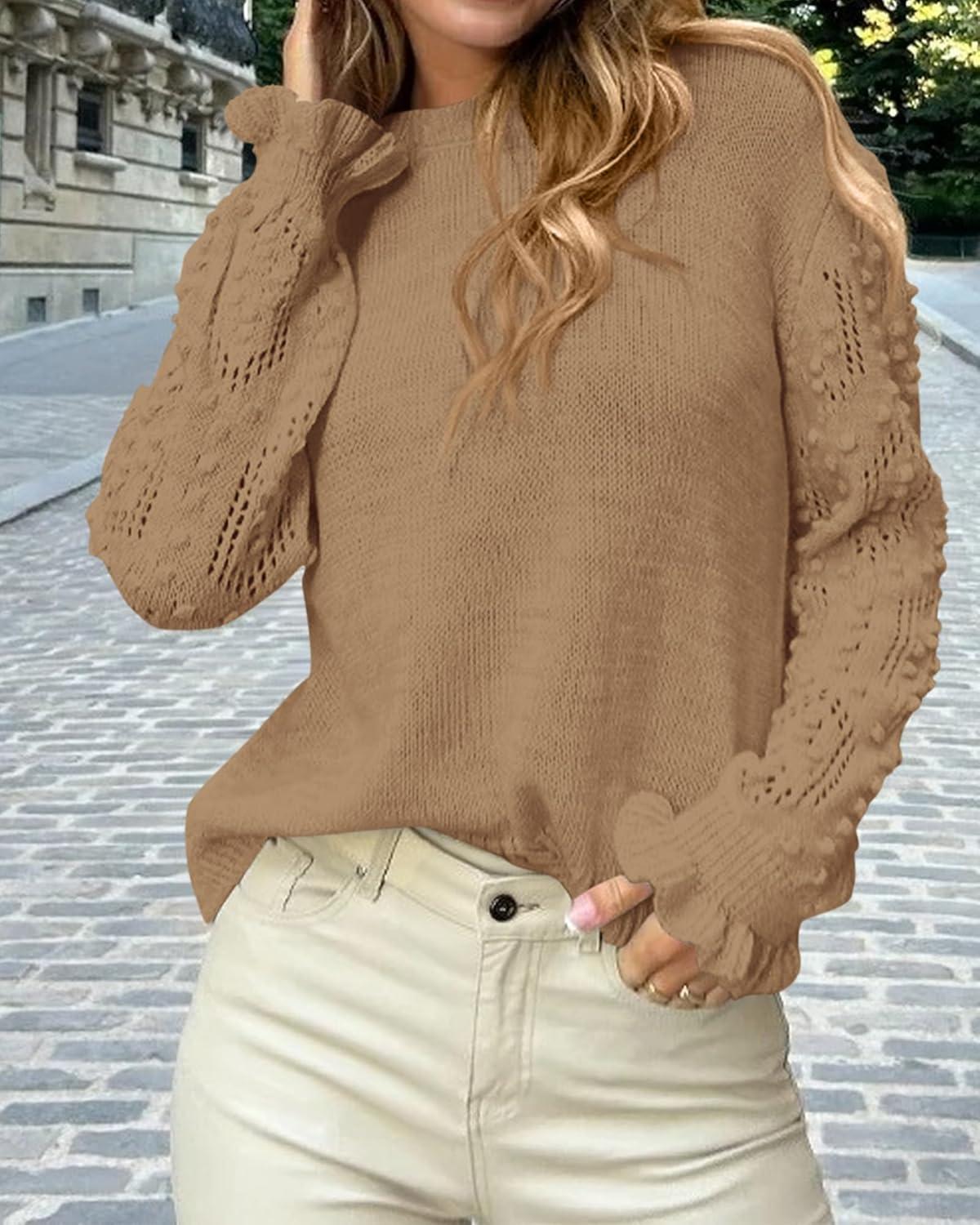imageBTFBM Fall Sweaters for Women 2025 Crew Neck Long Sleeve Hollow Out Swiss Dot Knit Casual Pullover Tops Fashion ClothingKhaki