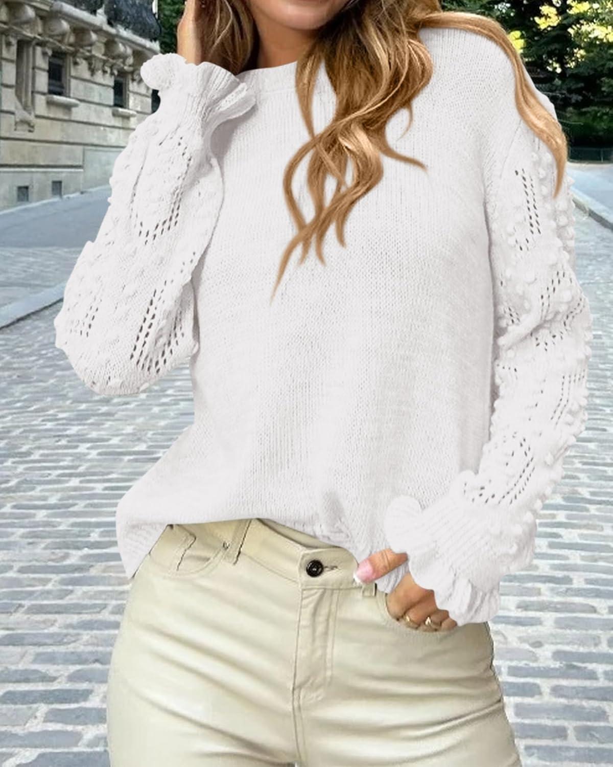 imageBTFBM Fall Sweaters for Women 2025 Crew Neck Long Sleeve Hollow Out Swiss Dot Knit Casual Pullover Tops Fashion ClothingWhite