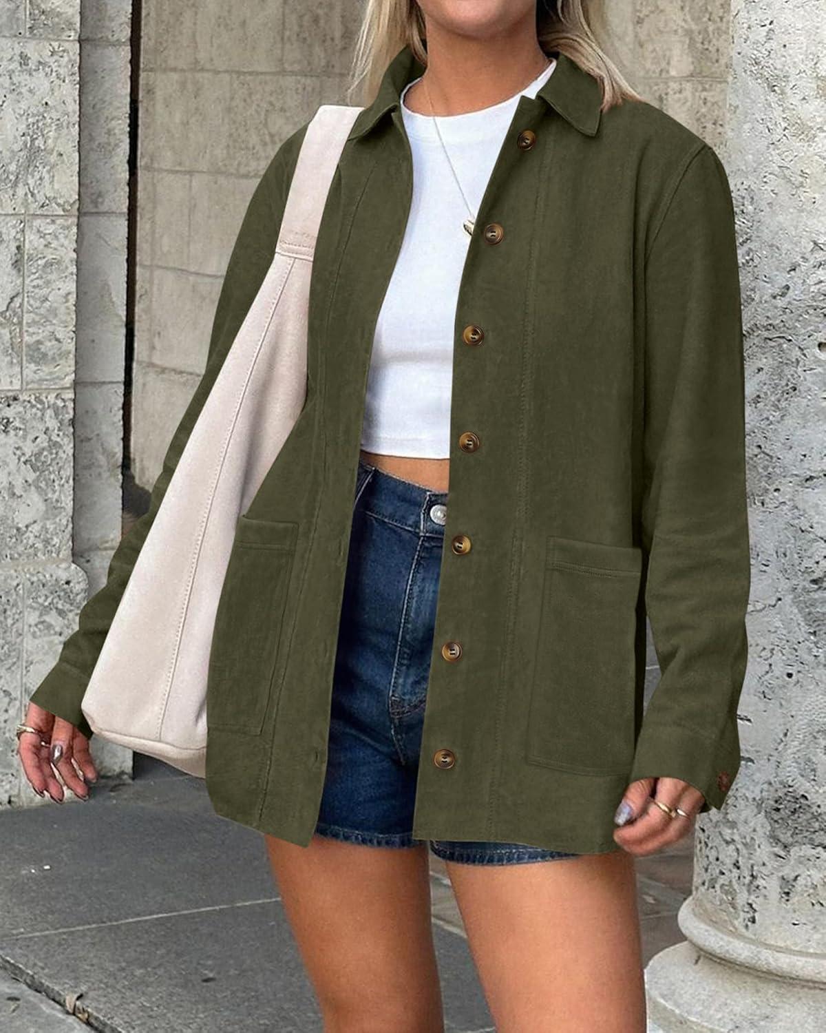 imageBTFBM Faux Suede Jacket Women Fall Fashion 2025 Leather Jackets Long Sleeve Button Down Winter Coats Shackets OuterwearArmy Green