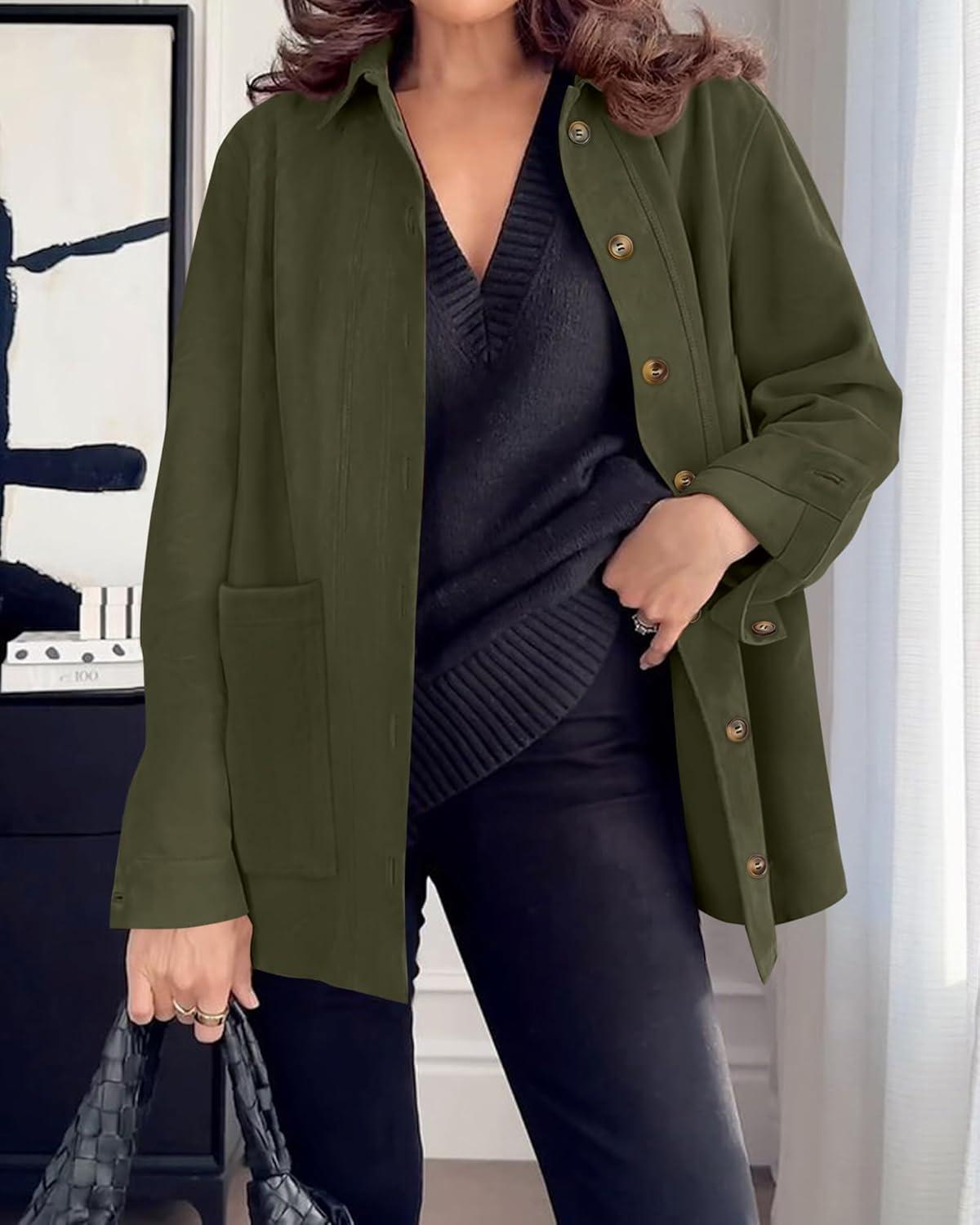 imageBTFBM Faux Suede Jacket Women Fall Fashion 2025 Leather Jackets Long Sleeve Button Down Winter Coats Shackets OuterwearArmy Green