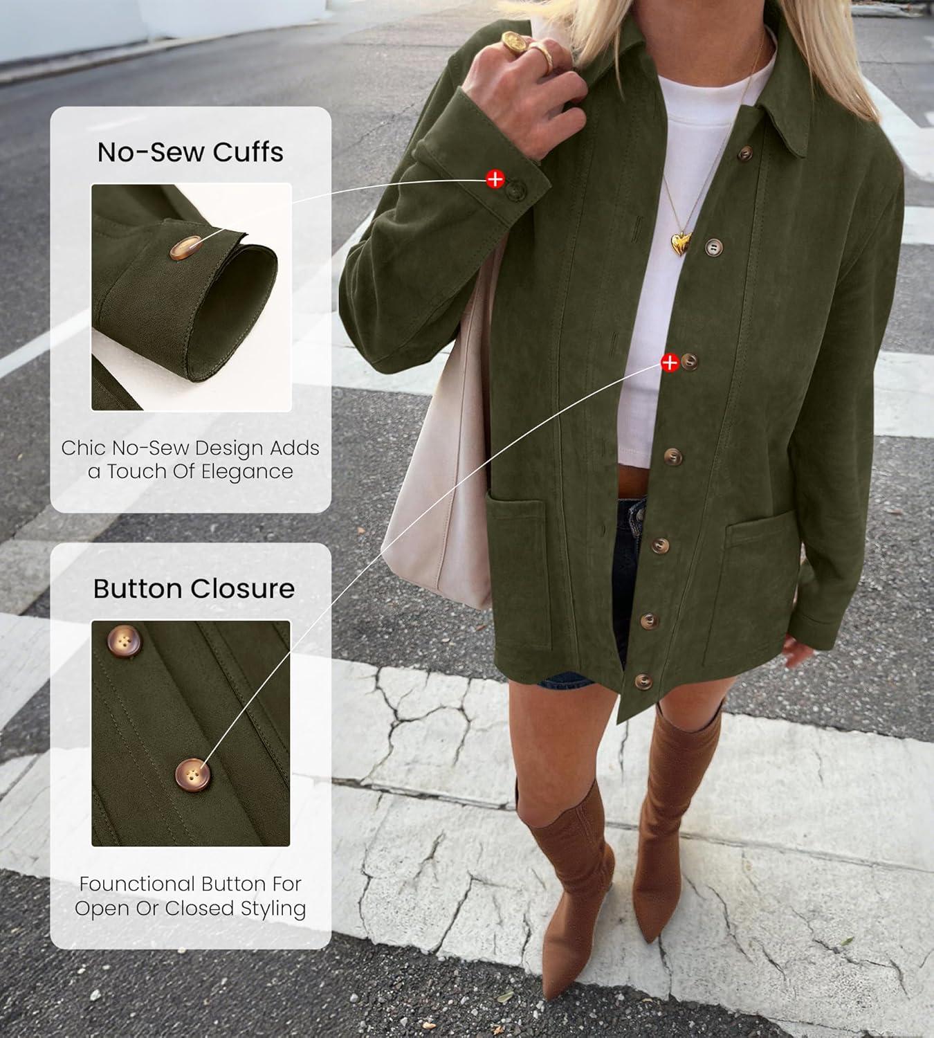 imageBTFBM Faux Suede Jacket Women Fall Fashion 2025 Leather Jackets Long Sleeve Button Down Winter Coats Shackets OuterwearArmy Green