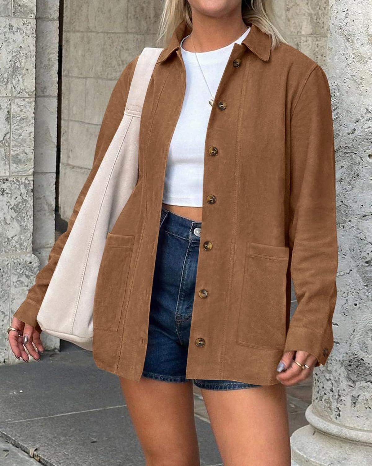 imageBTFBM Faux Suede Jacket Women Fall Fashion 2025 Leather Jackets Long Sleeve Button Down Winter Coats Shackets OuterwearCamel