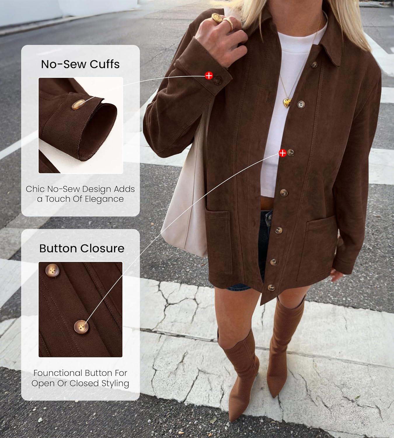 imageBTFBM Faux Suede Jacket Women Fall Fashion 2025 Leather Jackets Long Sleeve Button Down Winter Coats Shackets OuterwearCoffee