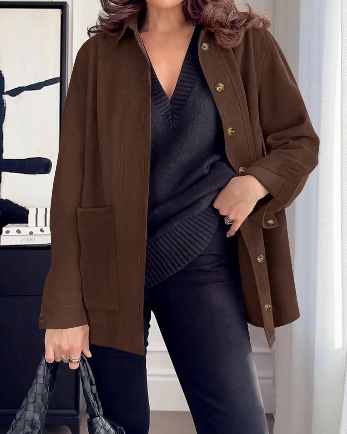 imageBTFBM Faux Suede Jacket Women Fall Fashion 2025 Leather Jackets Long Sleeve Button Down Winter Coats Shackets OuterwearCoffee