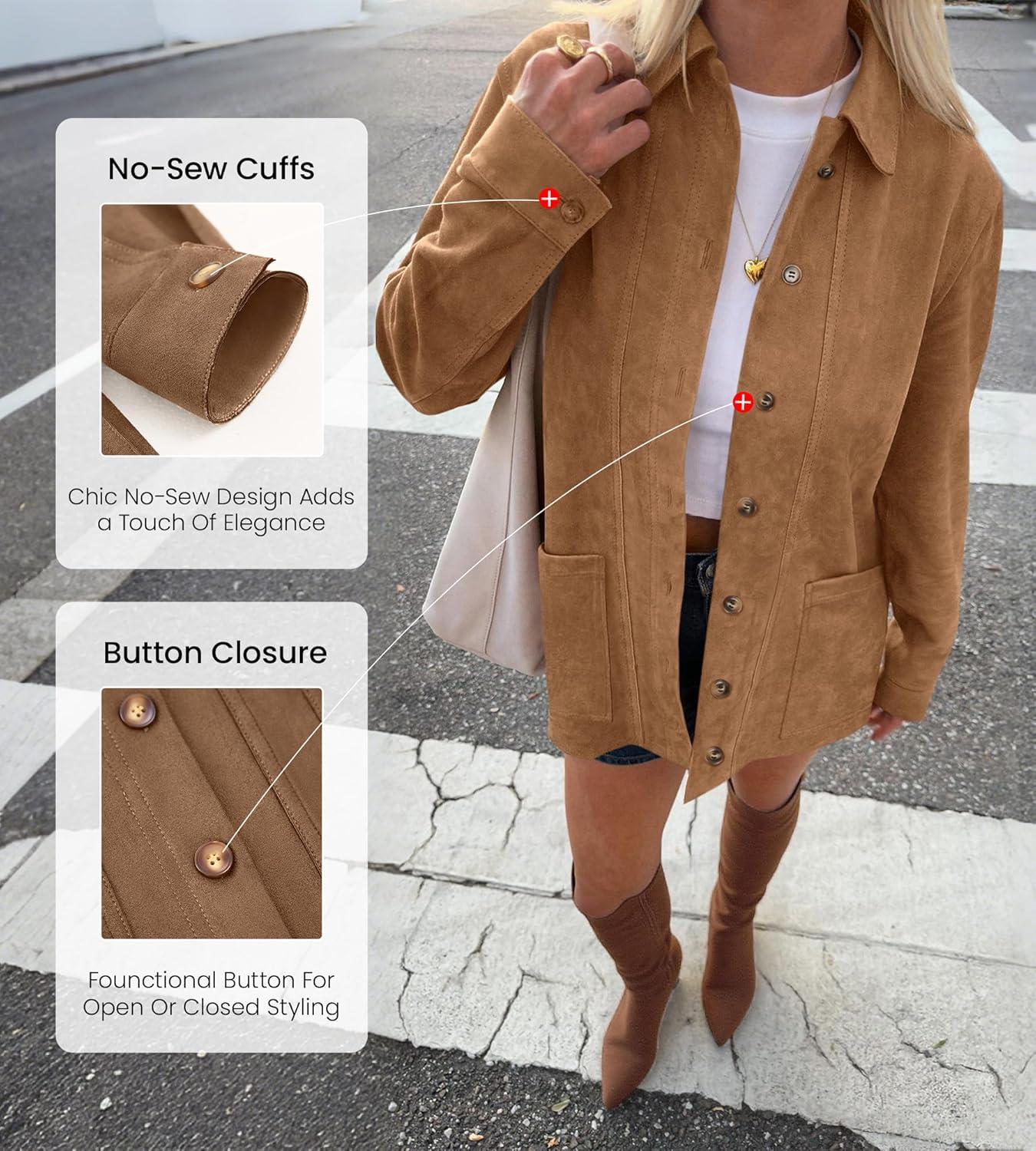 imageBTFBM Faux Suede Jacket Women Fall Fashion 2025 Leather Jackets Long Sleeve Button Down Winter Coats Shackets OuterwearKhaki