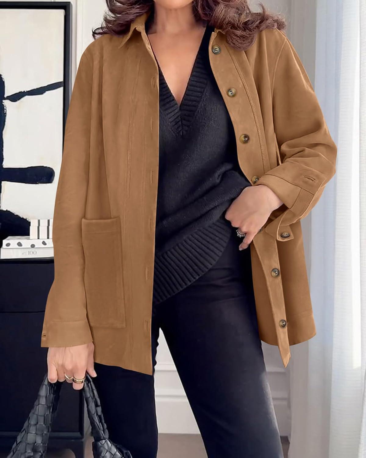 imageBTFBM Faux Suede Jacket Women Fall Fashion 2025 Leather Jackets Long Sleeve Button Down Winter Coats Shackets OuterwearKhaki