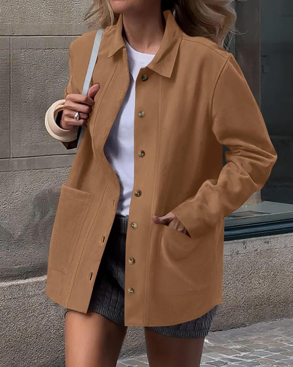 imageBTFBM Faux Suede Jacket Women Fall Fashion 2025 Leather Jackets Long Sleeve Button Down Winter Coats Shackets OuterwearKhaki