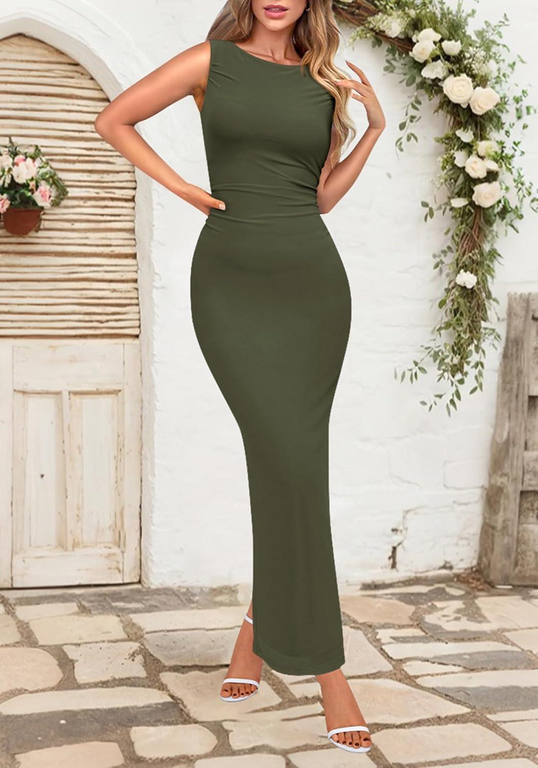 imageBTFBM Formal Wedding Guest Dresses for Women Summer Fall 2025 Sleeveless Ruched Bodycon Mesh Elegant Maxi Cocktail DressArmy Green