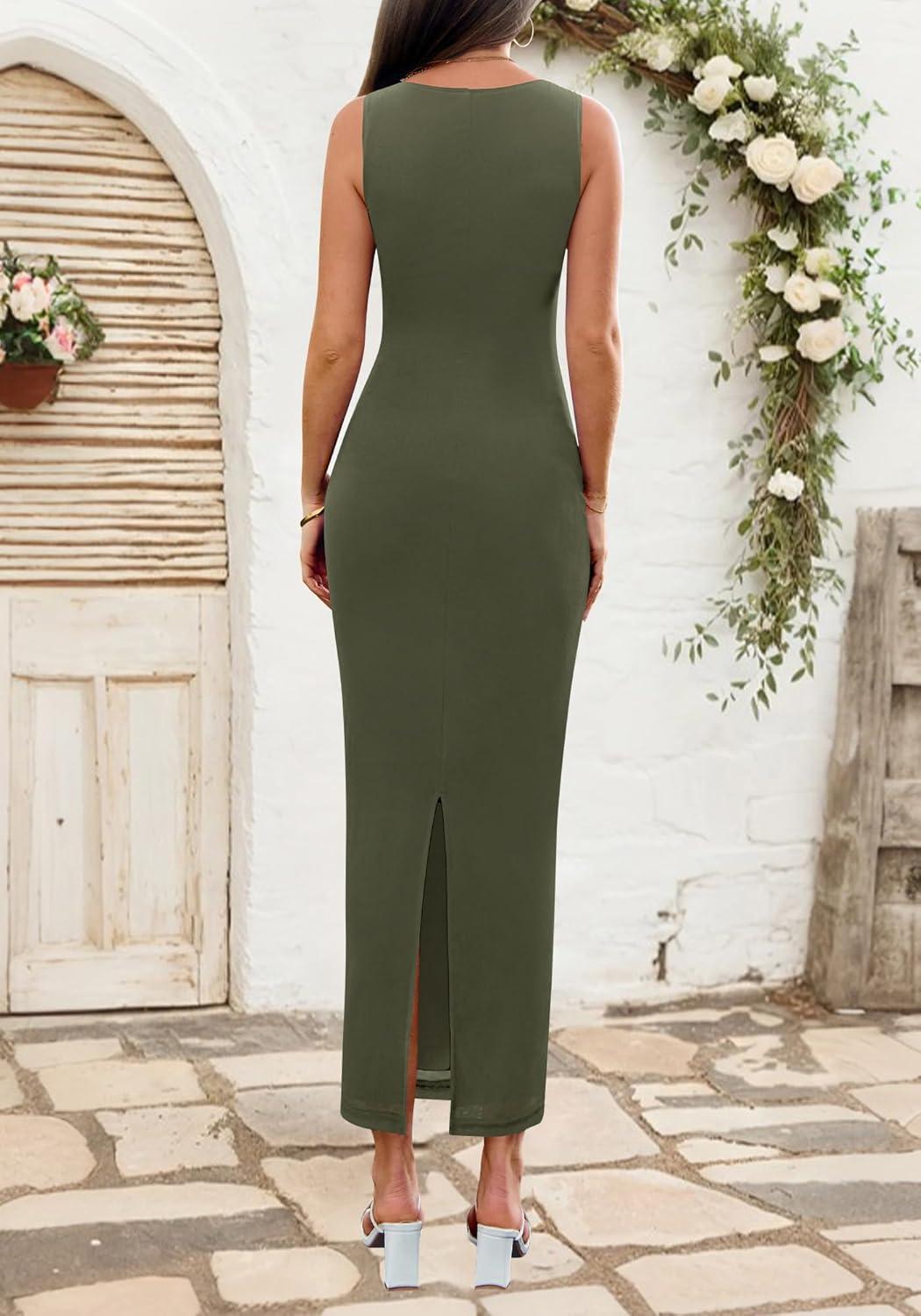 imageBTFBM Formal Wedding Guest Dresses for Women Summer Fall 2025 Sleeveless Ruched Bodycon Mesh Elegant Maxi Cocktail DressArmy Green